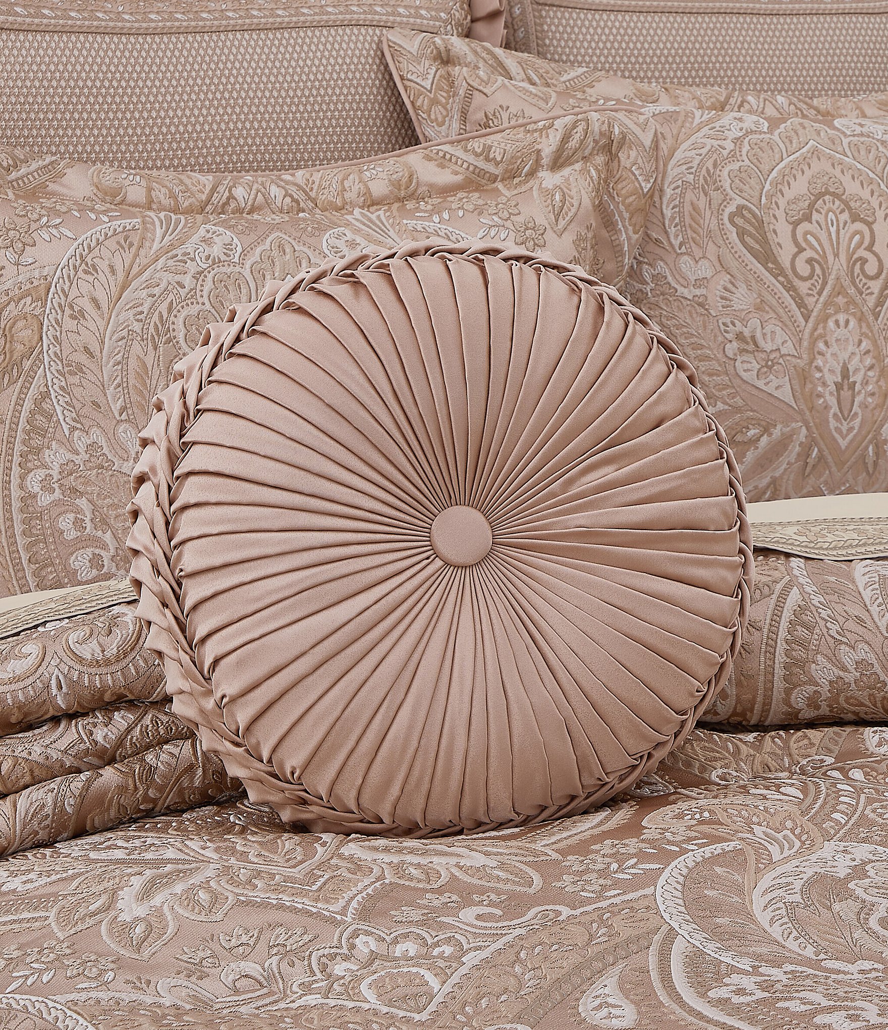 J. Queen New York Fiorello Button-Tufted Braided Detail Satin Tufted Round Pillow