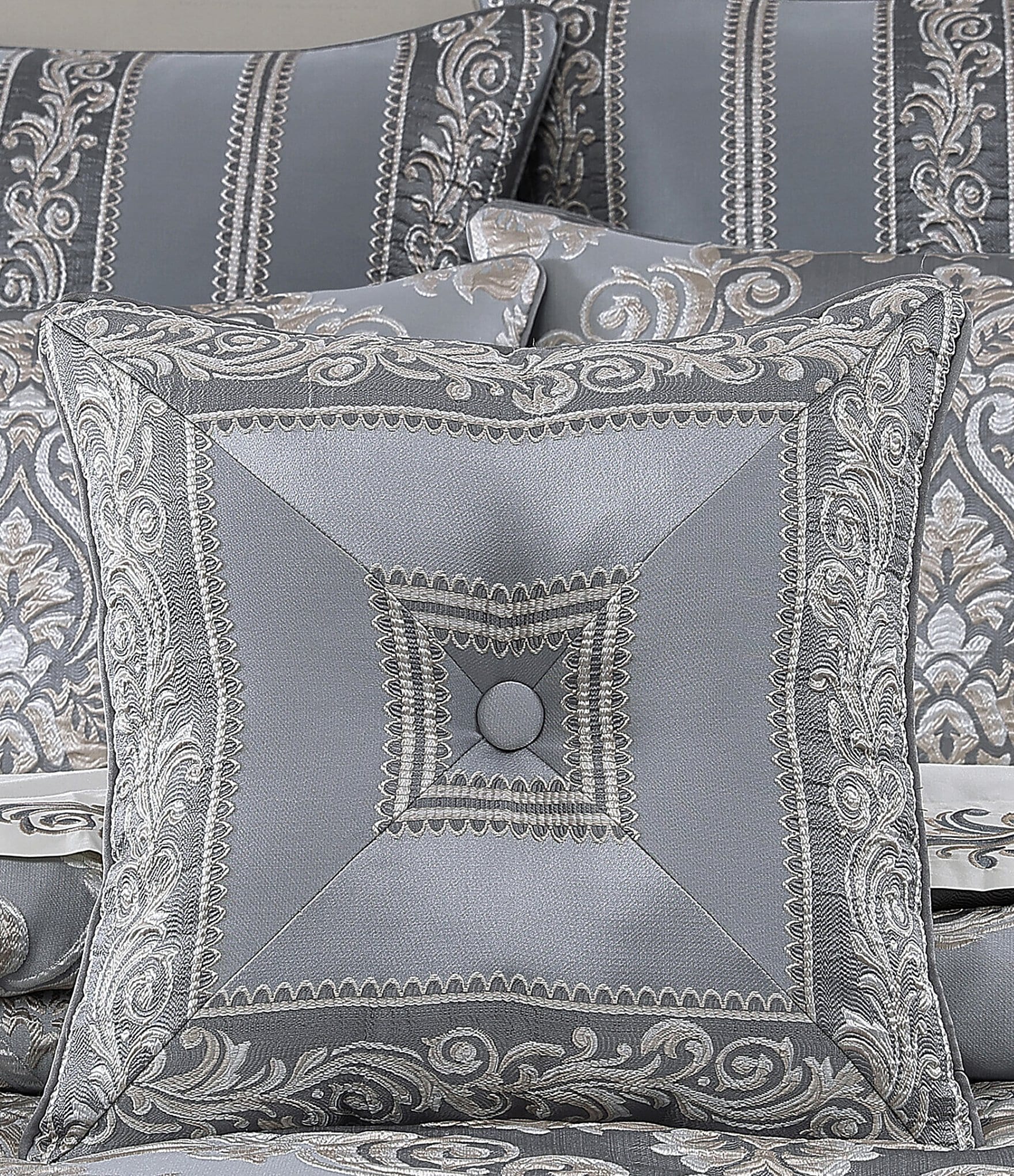 J. Queen New York Krista Tufted-Button Mitered Striped Border Reversible Square Decorative Pillow