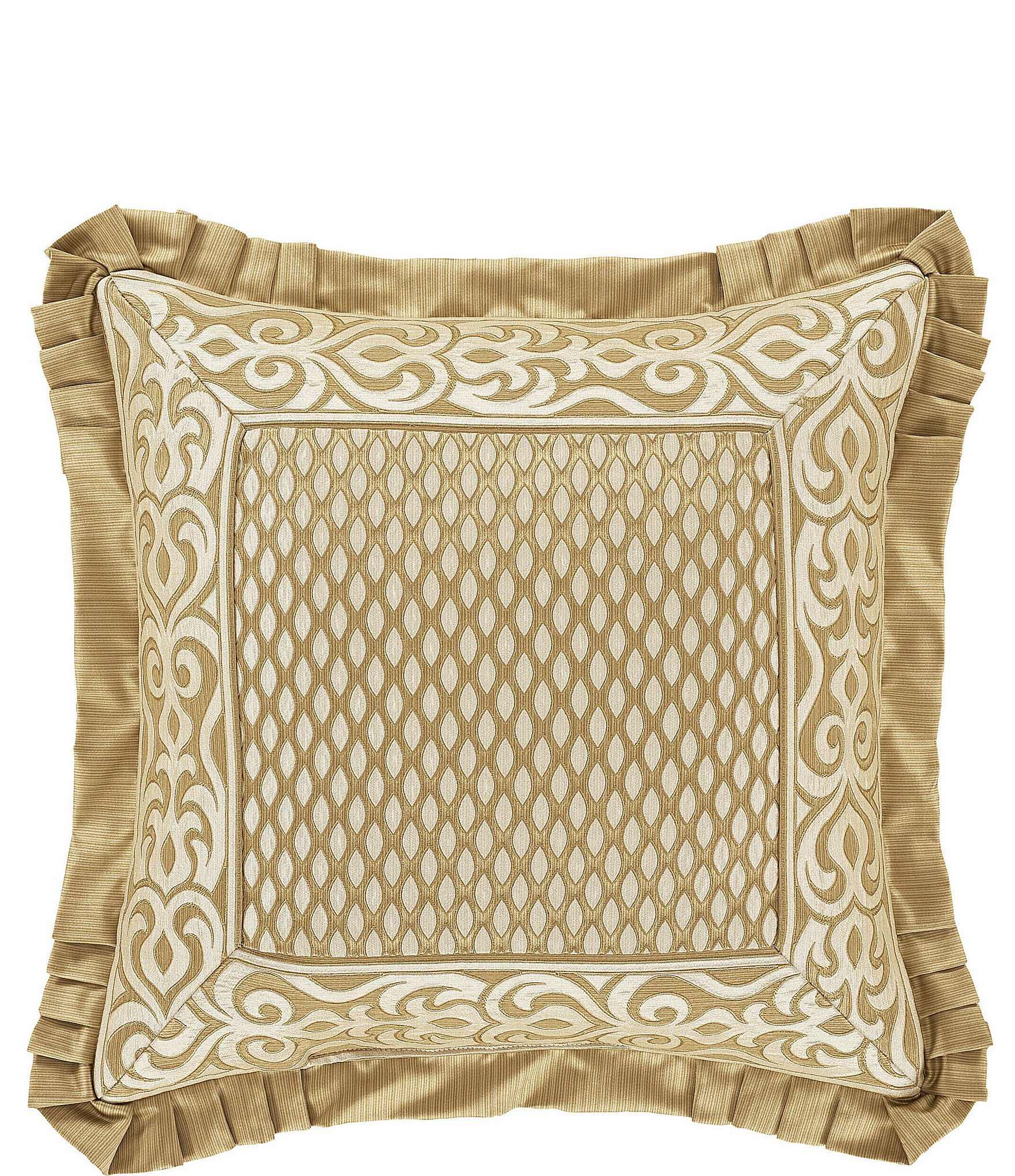 Throw pillow in beige cotton satin and diamond-shaped gold