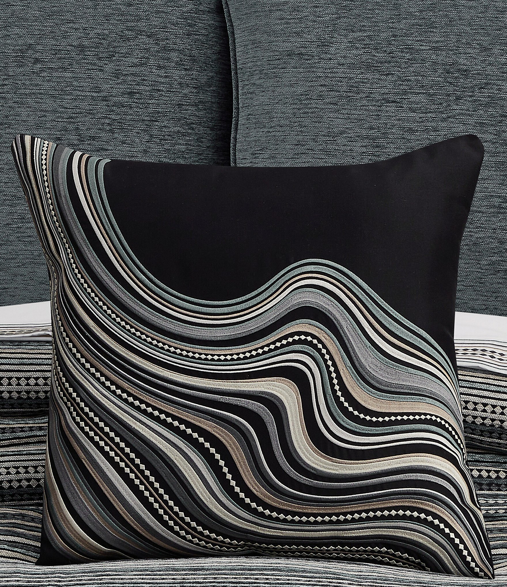J. Queen New York Parallel Abstract Wave Embroidered Pattern Decorative Square Pillow