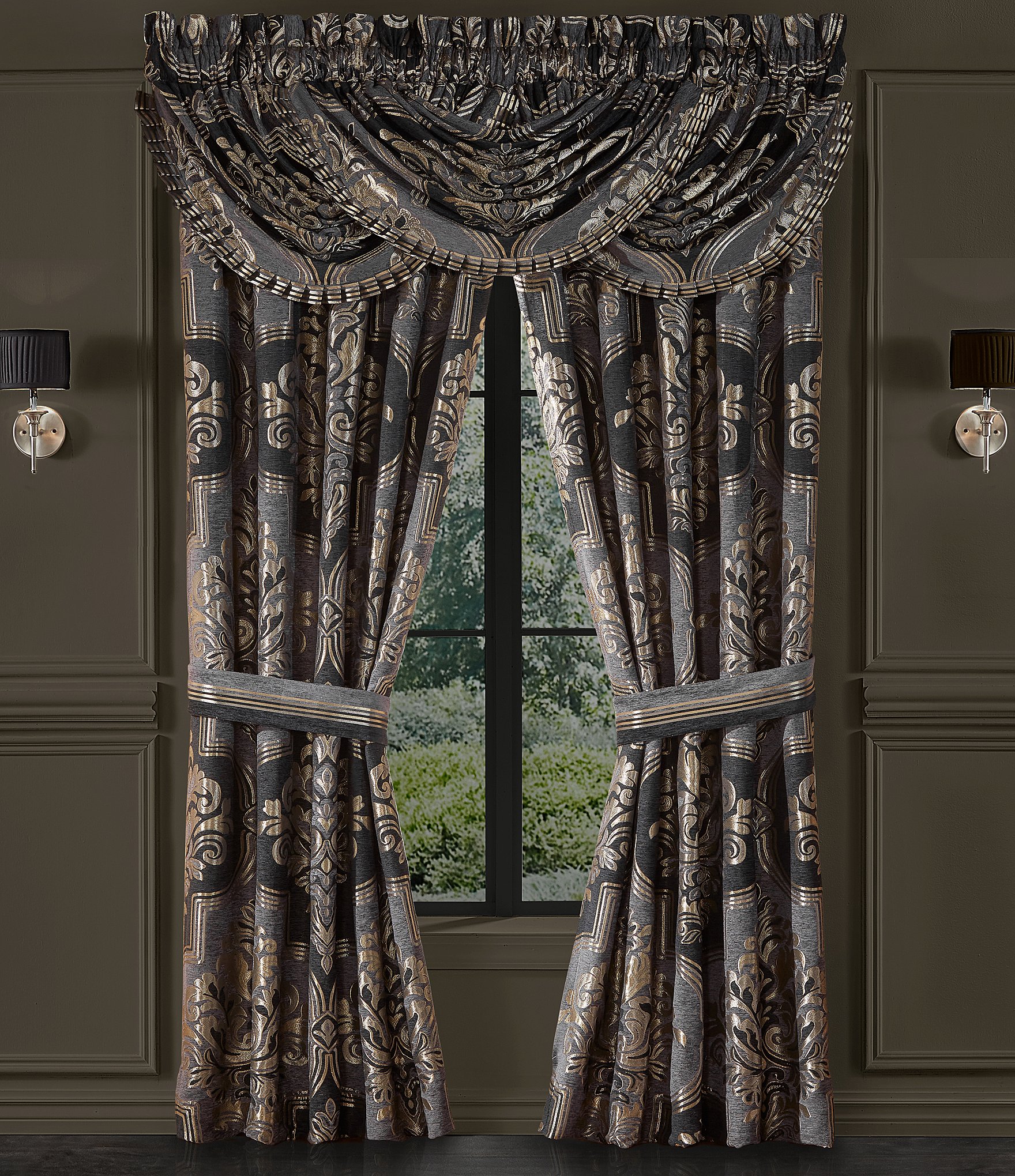 J. Queen New York Savoy Iron Gate Damask Drapery Panel Pair