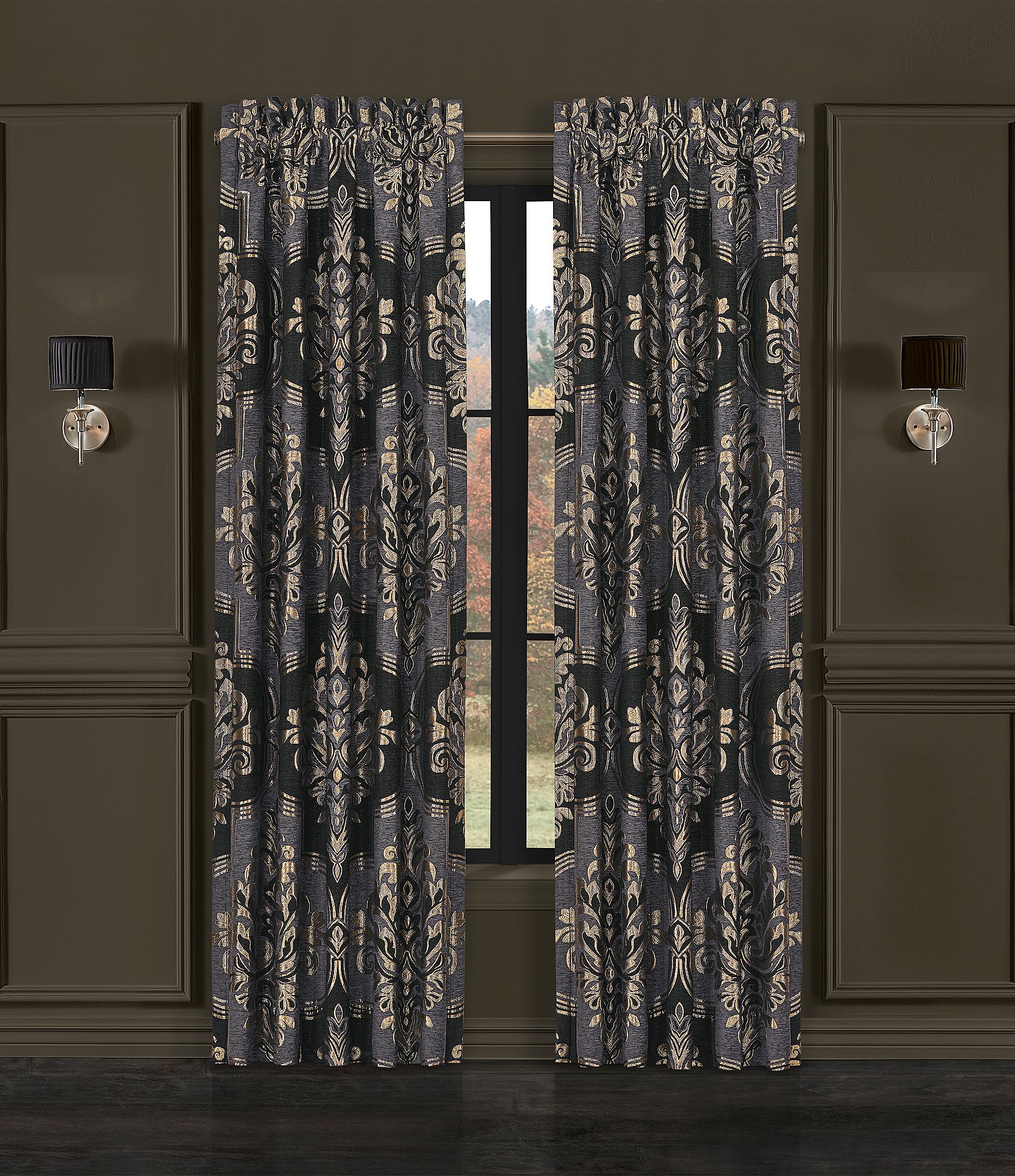 J. Queen New York Savoy Iron Gate Damask Drapery Panel Pair