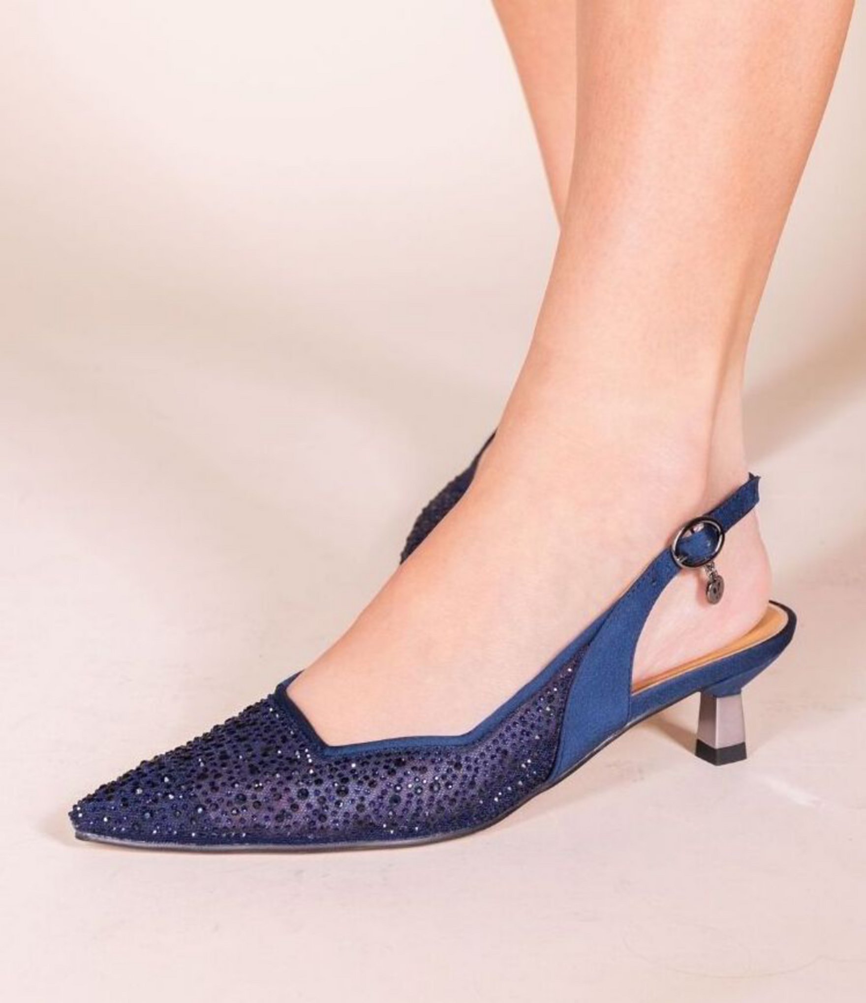 J. Renee Aleksa Satin Rhinestone Mesh Slingback Kitten Heel Dress Pumps