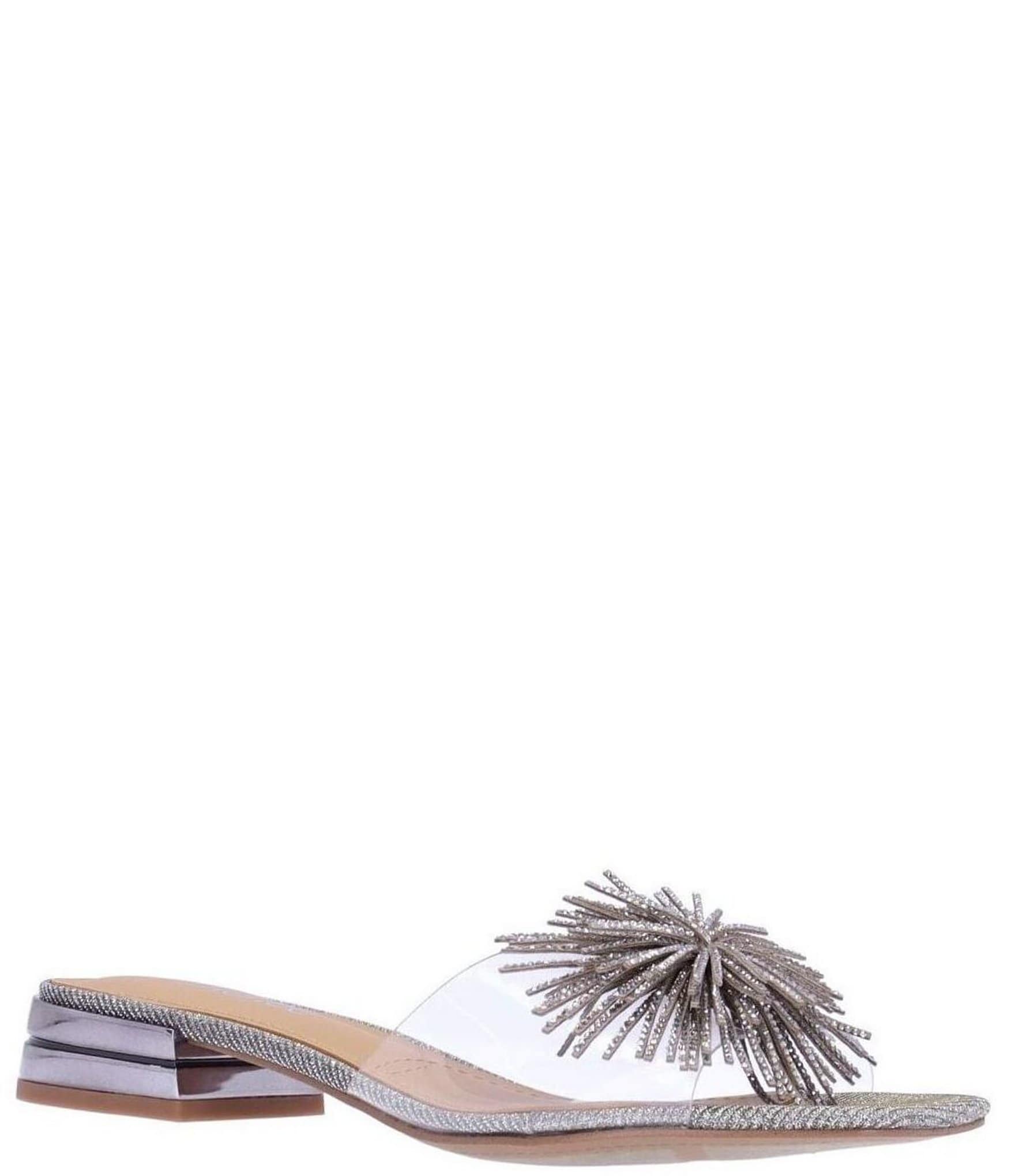 J. Renee Cherita Clear Shimmer Vinyl Rhinestone Pom Pom Slides