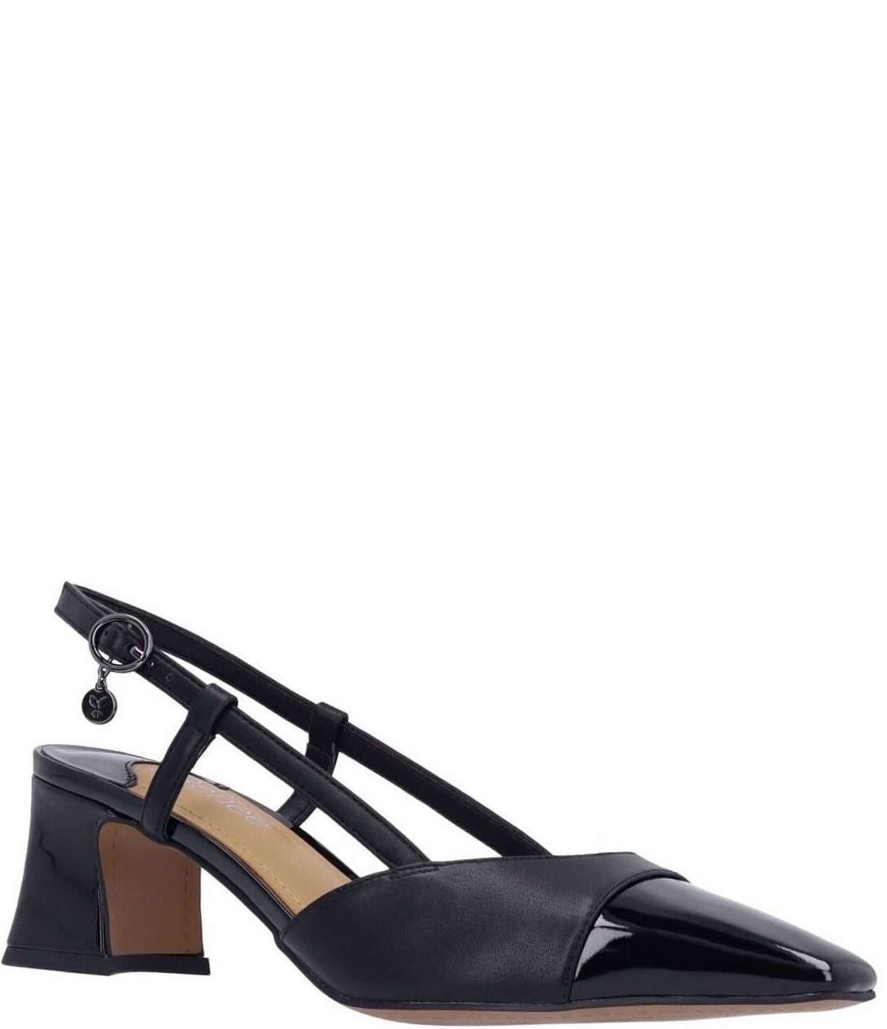 J. Renee Cyrene Patent Cap Toe Block Heel Sling Pumps