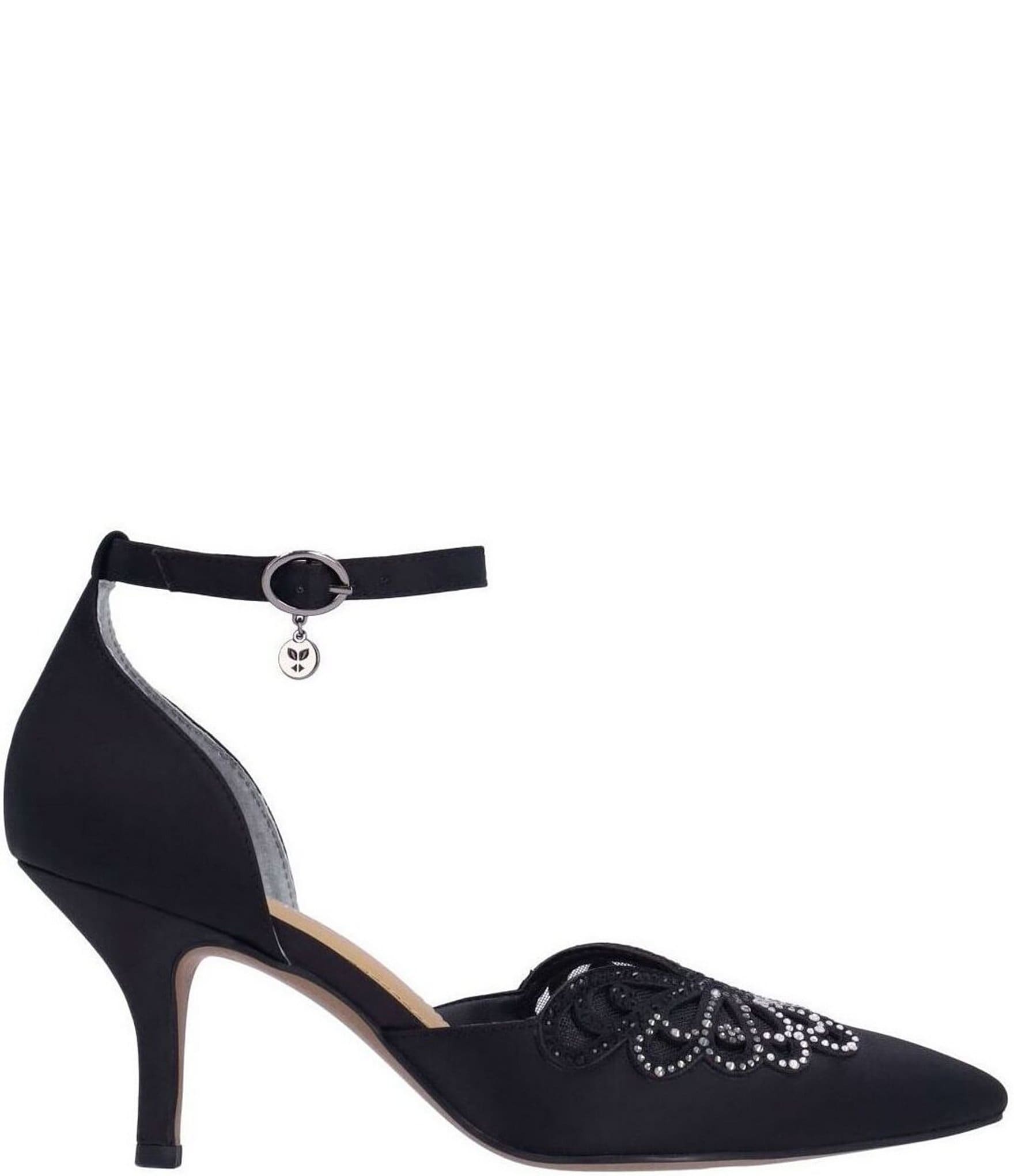 J. Renee Isabetta Satin Rhinestone Butterfly Ankle Strap Pumps