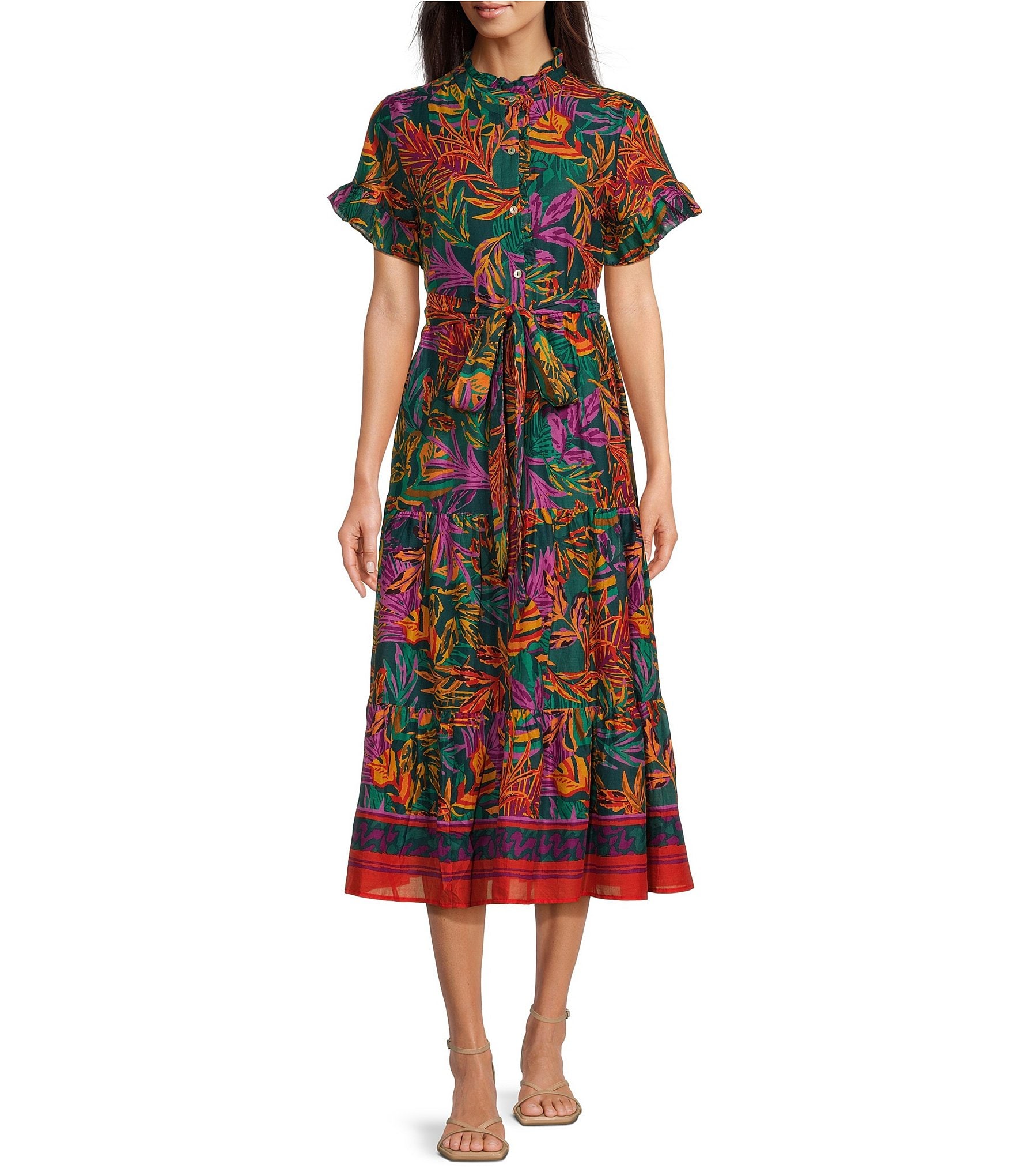 J.Marie Asher Floral Printed High Ruffle Neck Button Front Short Sleeve Tie Waist Pocket Tiered A-Line Midi Dress