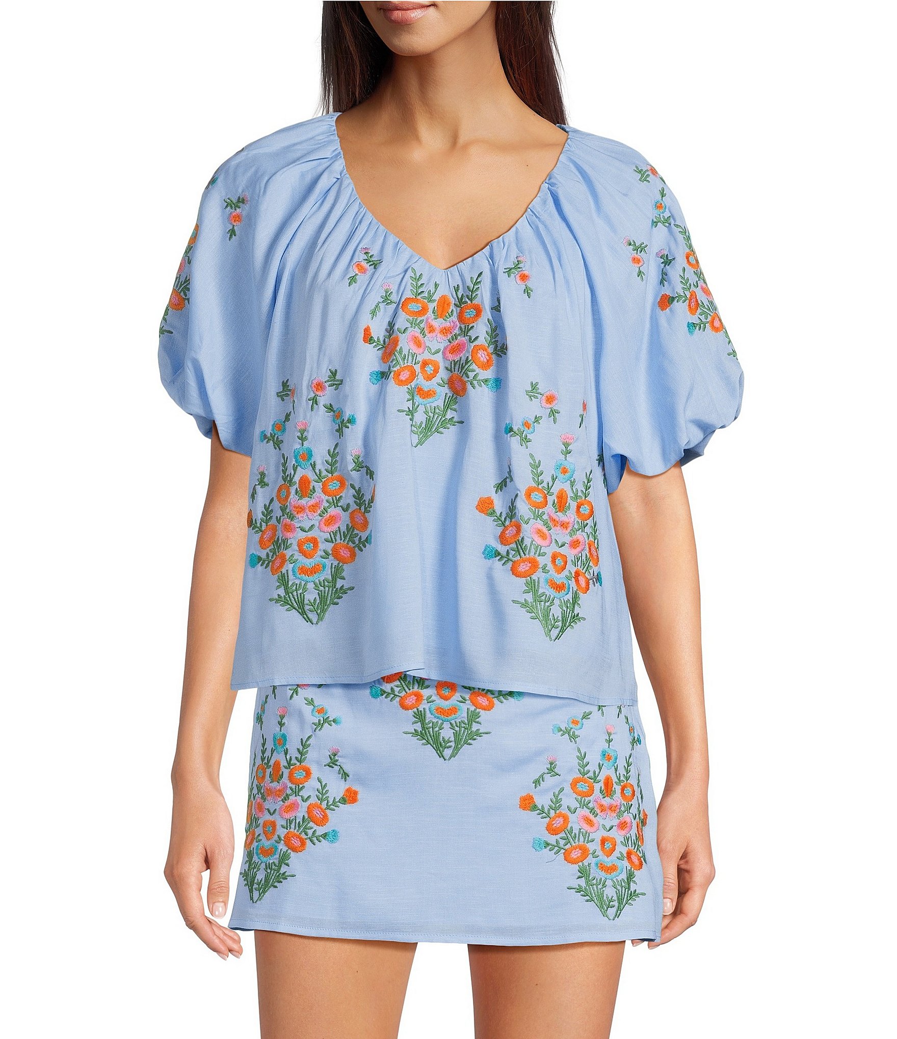 J.Marie Coordinating Astrid V-Neck Puff Sleeve Embroidered