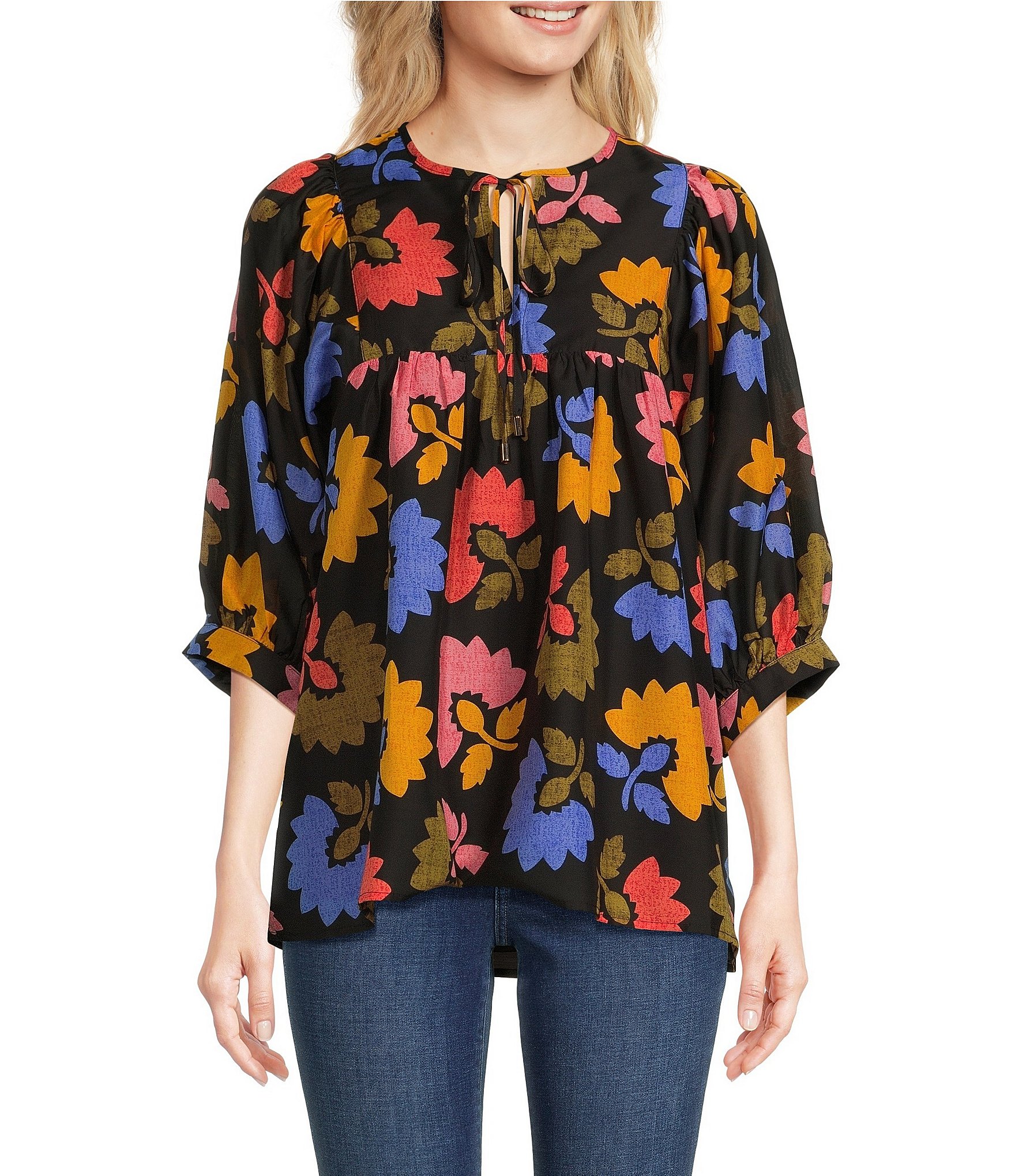 J.Marie Avery 3/4 Puff Sleeve Split V-Neck Tie Blouse | Dillard's