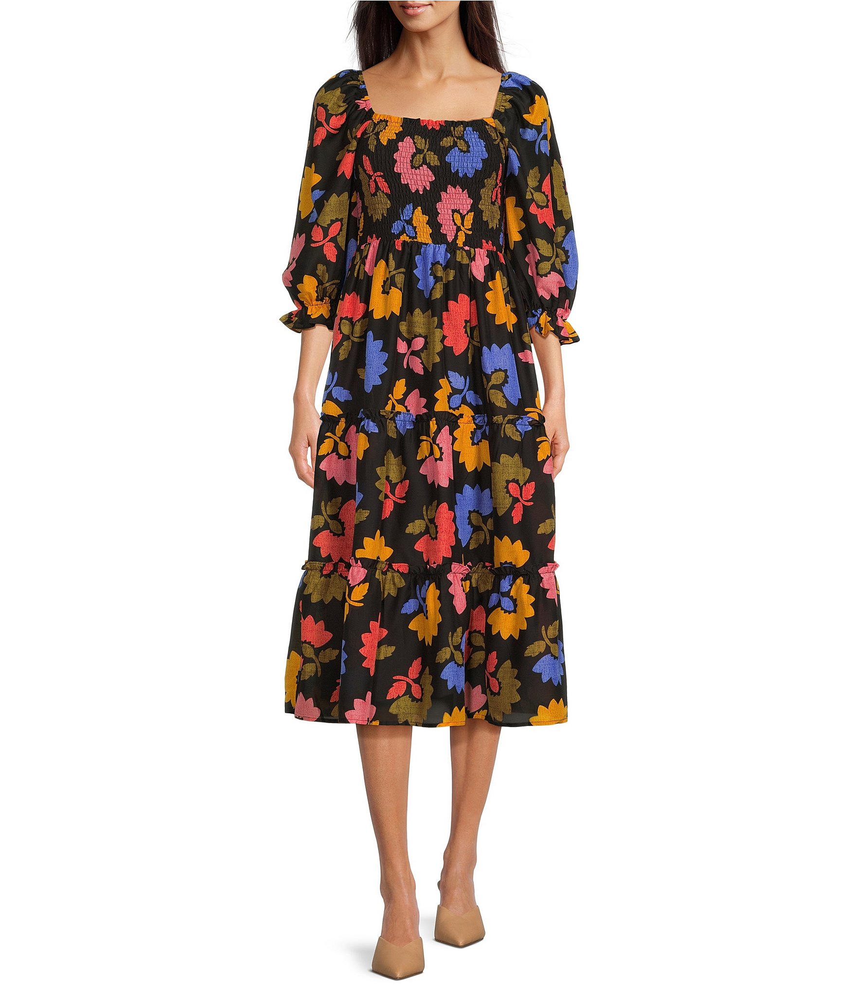 J.Marie Avery Square Neck Ruched Side Seam Pocket Midi Dress | Dillard's