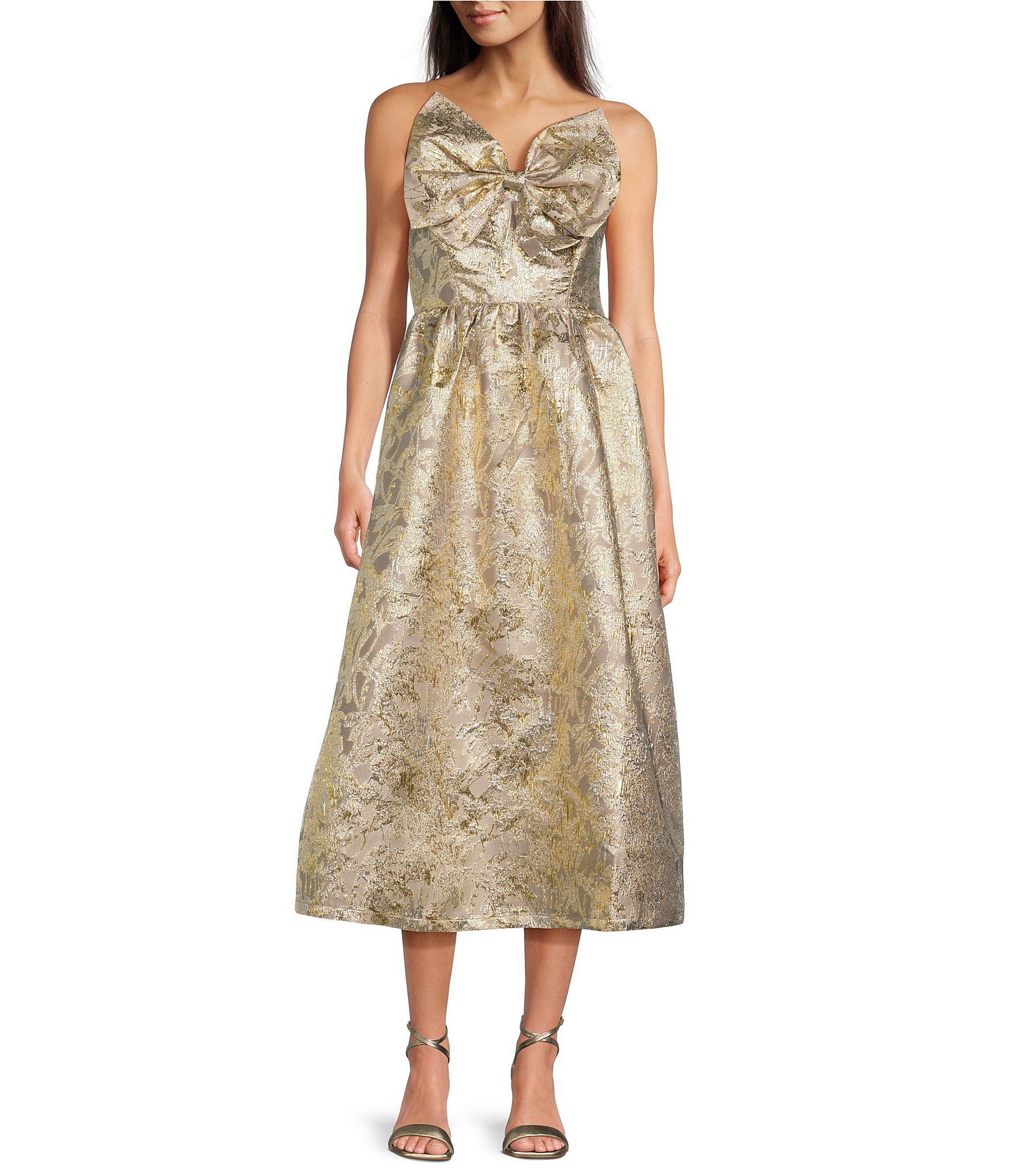 J.Marie Cher Brocade Strapless Midi Bow Front Midi A-Line Dress