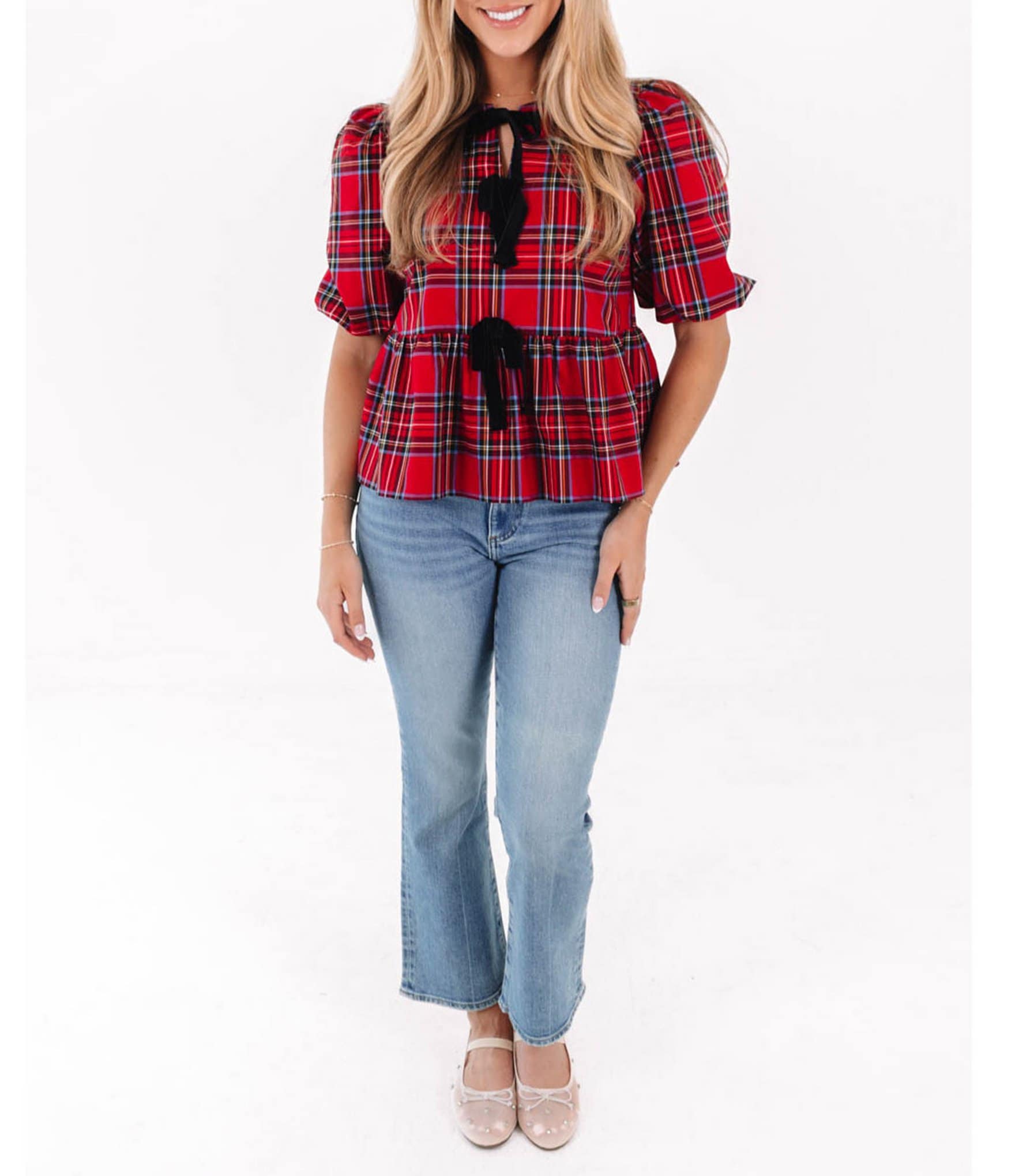 J.Marie Hollin Woven Short Sleeve Bow Top