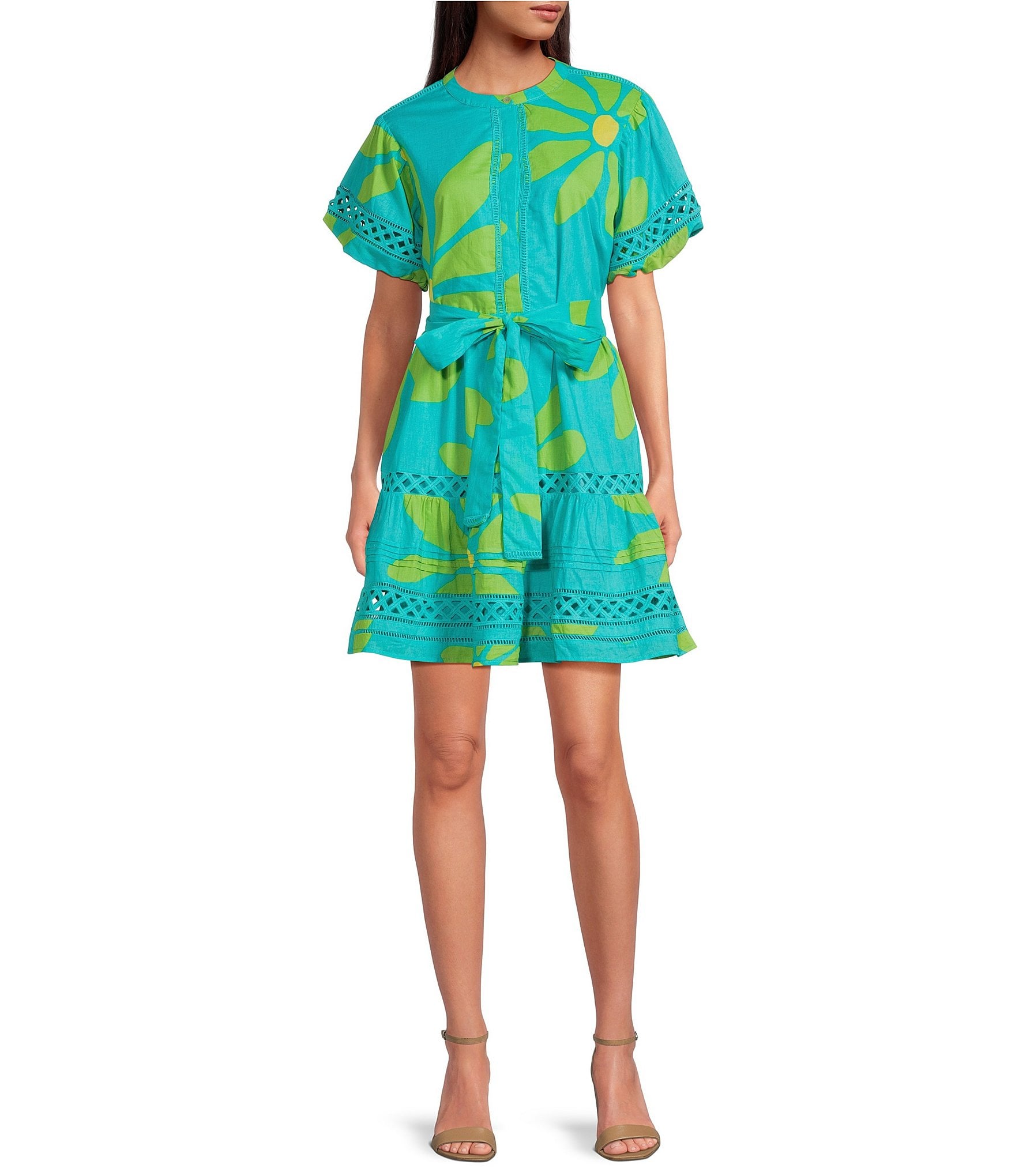 J.Marie Indi Tiered Button Up Tie Puff Sleeve Mini Dress | Dillard's