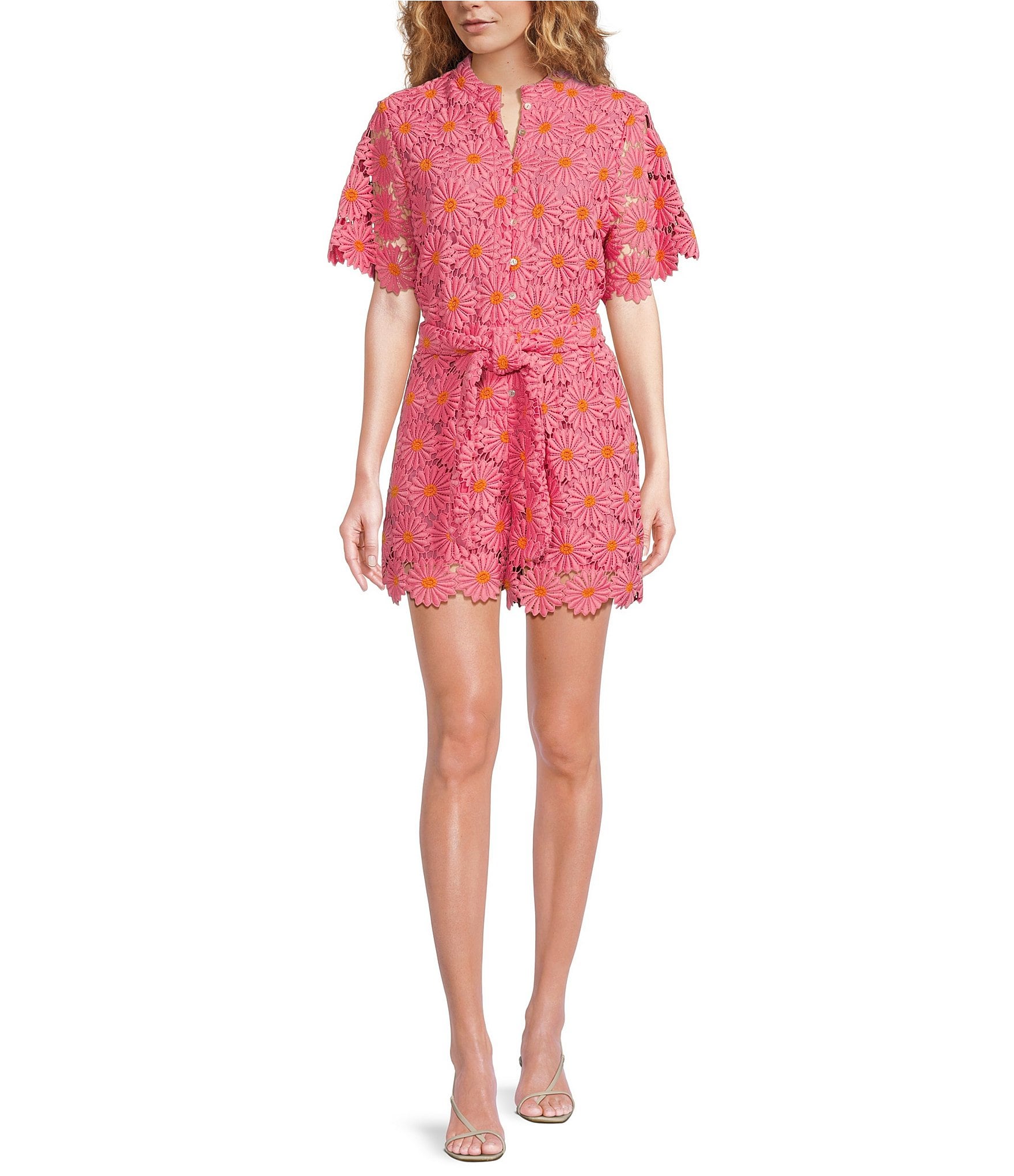 J.Marie Lele Lace Tie-Front Belted Romper | Dillard's