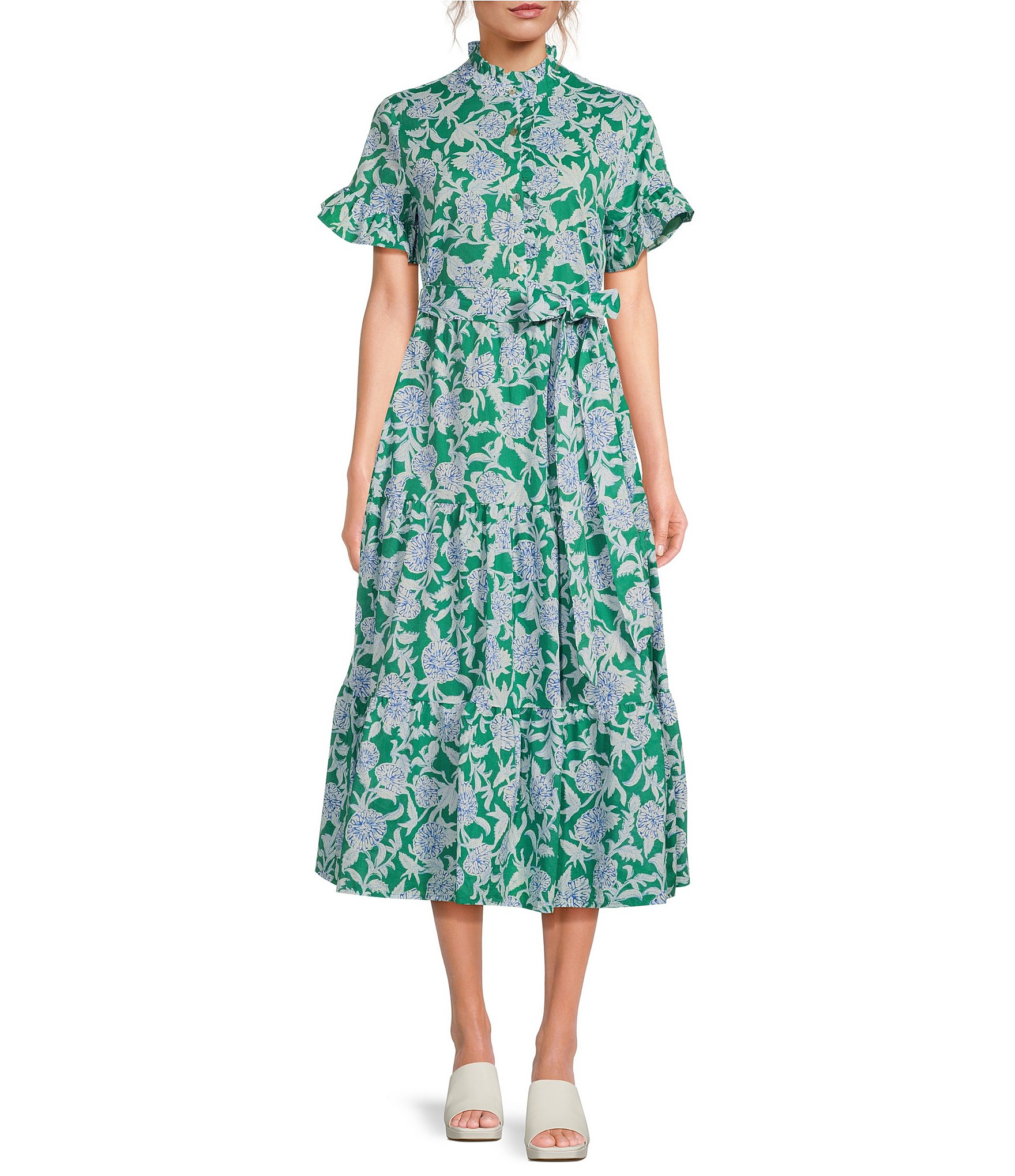 J.Marie Merritt Button Front Short Ruffled Sleeve Midi Dress | Dillard's