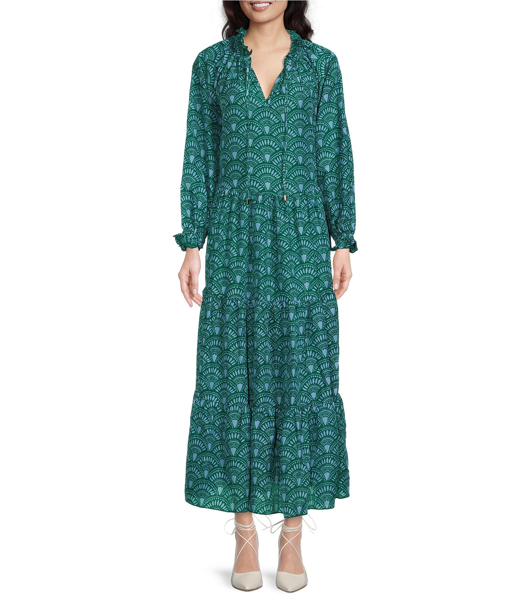 J.Marie Norah Tie Split V-Neck Long Sleeve Tiered Maxi Dress | Dillard's