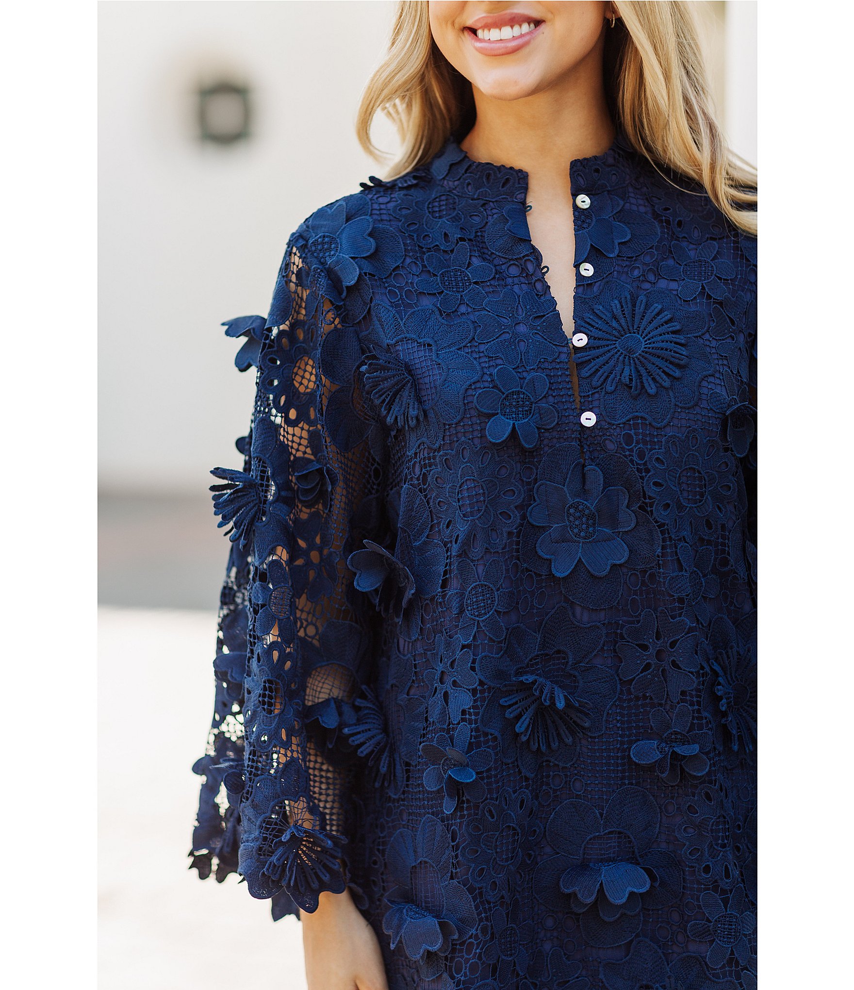 J.Marie Seraphina Floral 3D Lace Split Round Button Up Neck Long Sleeve Shift Dress