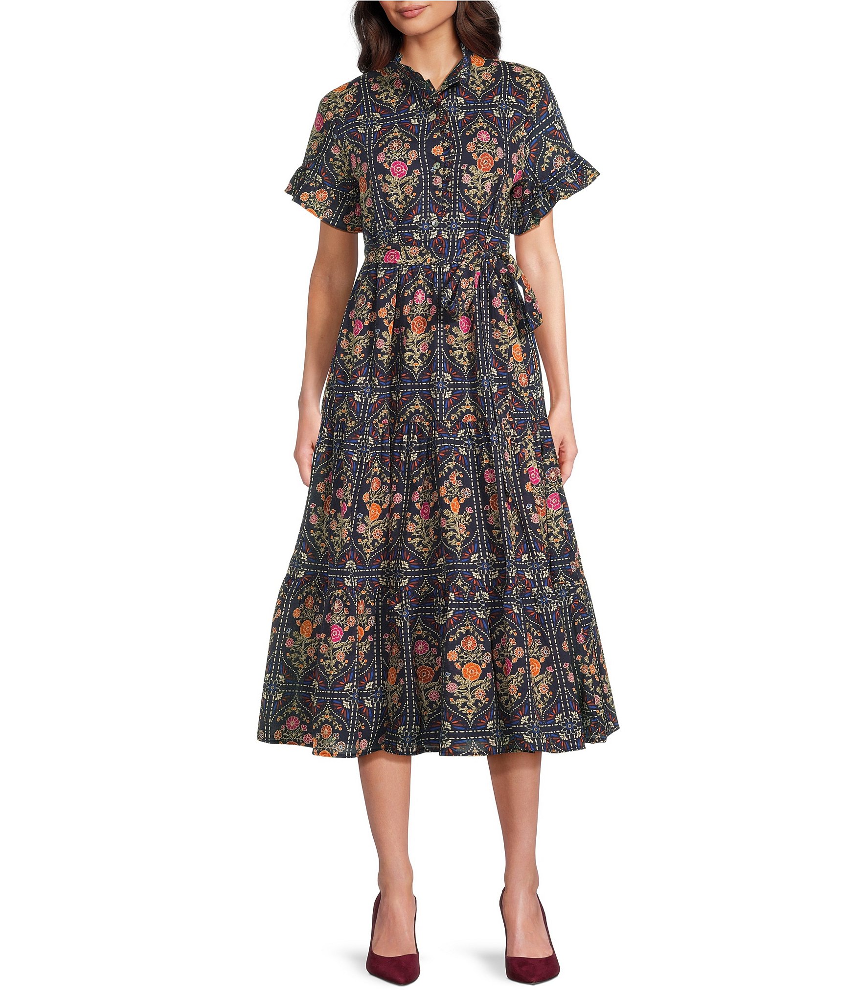 knee length dresses for ladies Women's Casual Dress Ruffle V Neck Midi Shift Dress main image 1