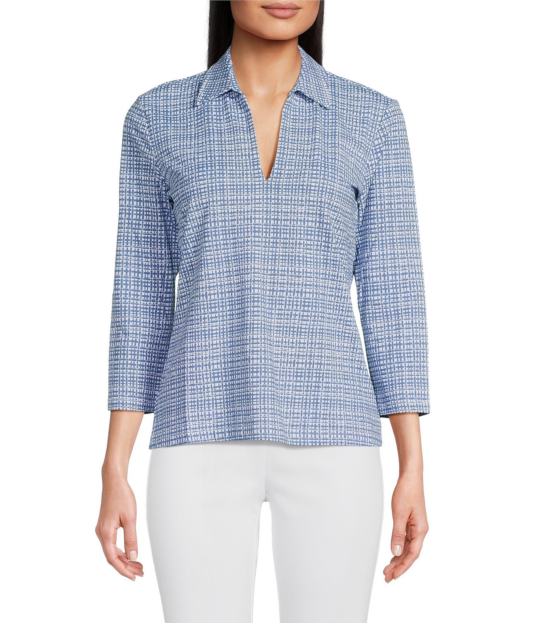 J.McLaughlin Aida Catalina Cloth Knit Collared V-Neck 3/4 Sleeve Shirt ...