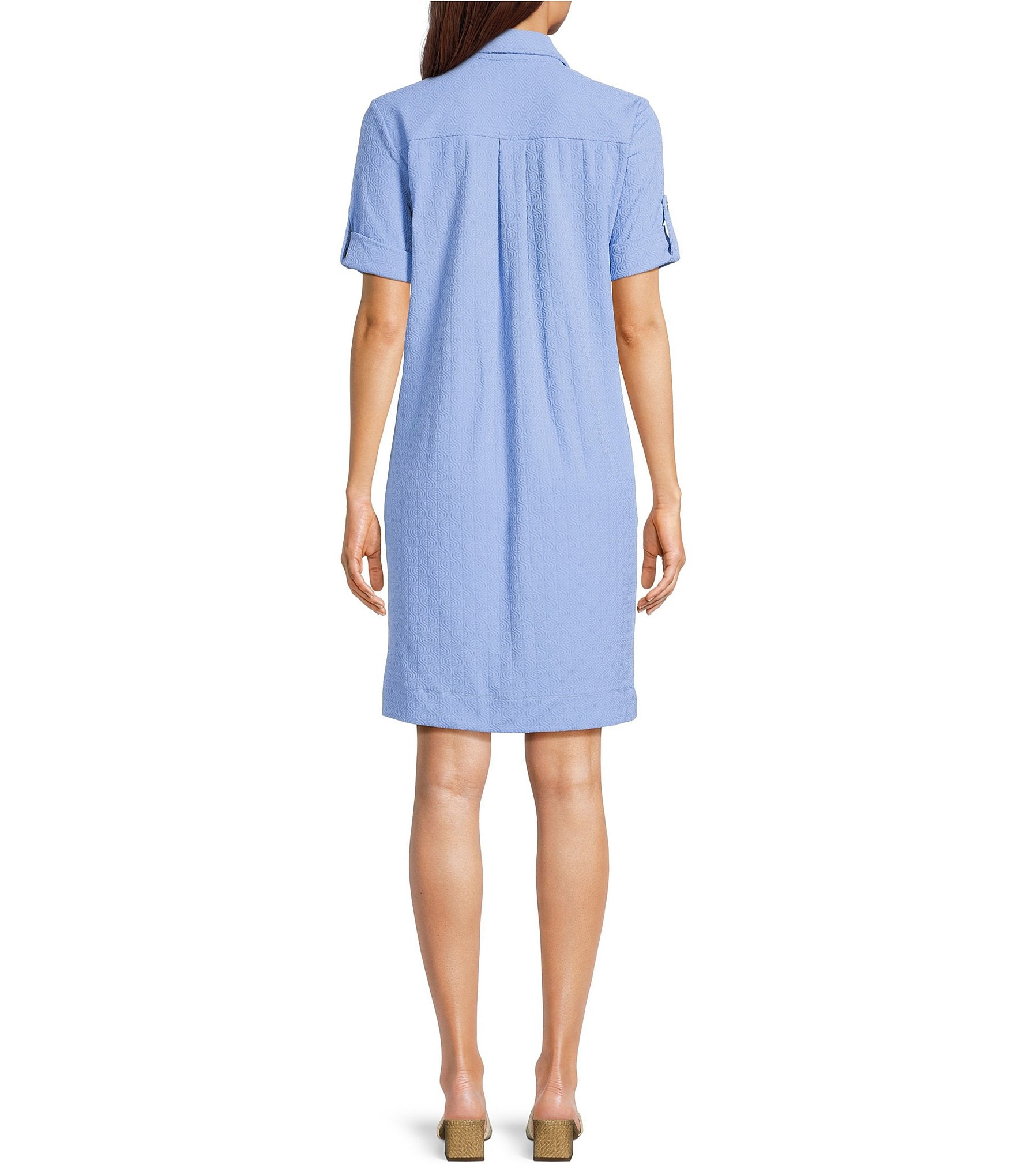J.McLaughlin Amber Chambray Riptide Jacquard Point Collar Short Sleeve Dress
