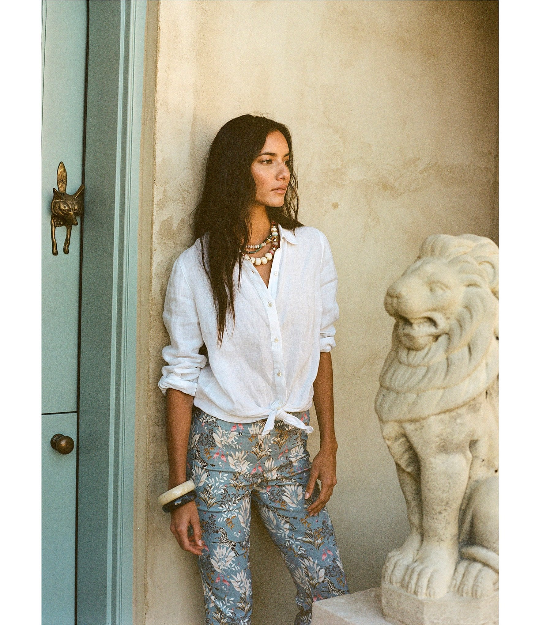 J.McLaughlin Britt Linen Point Collar Long Sleeve Button Front Blouse