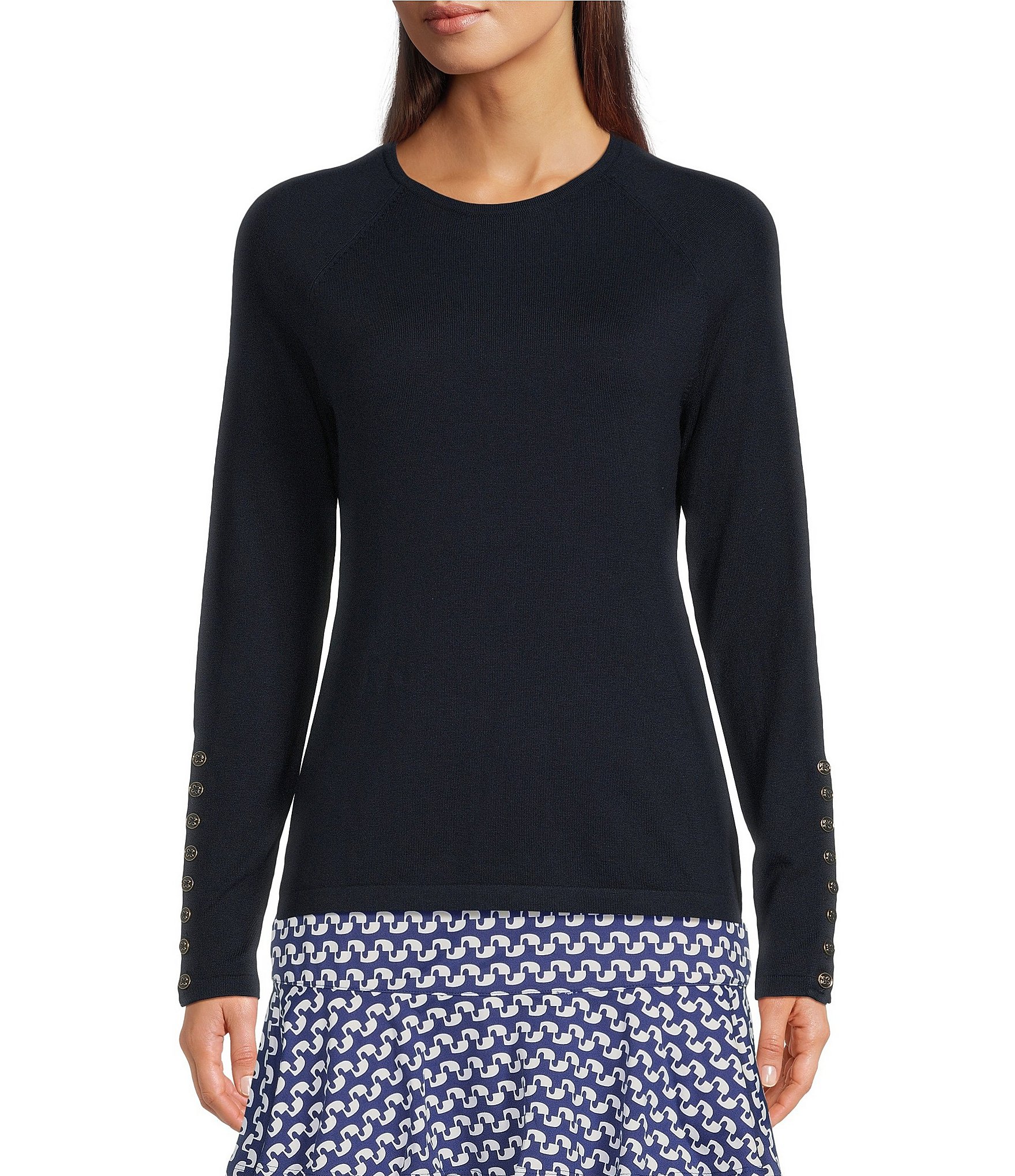 J.McLaughlin Jamey Crew Neck Button Trim Raglan Long Sleeve Sweater
