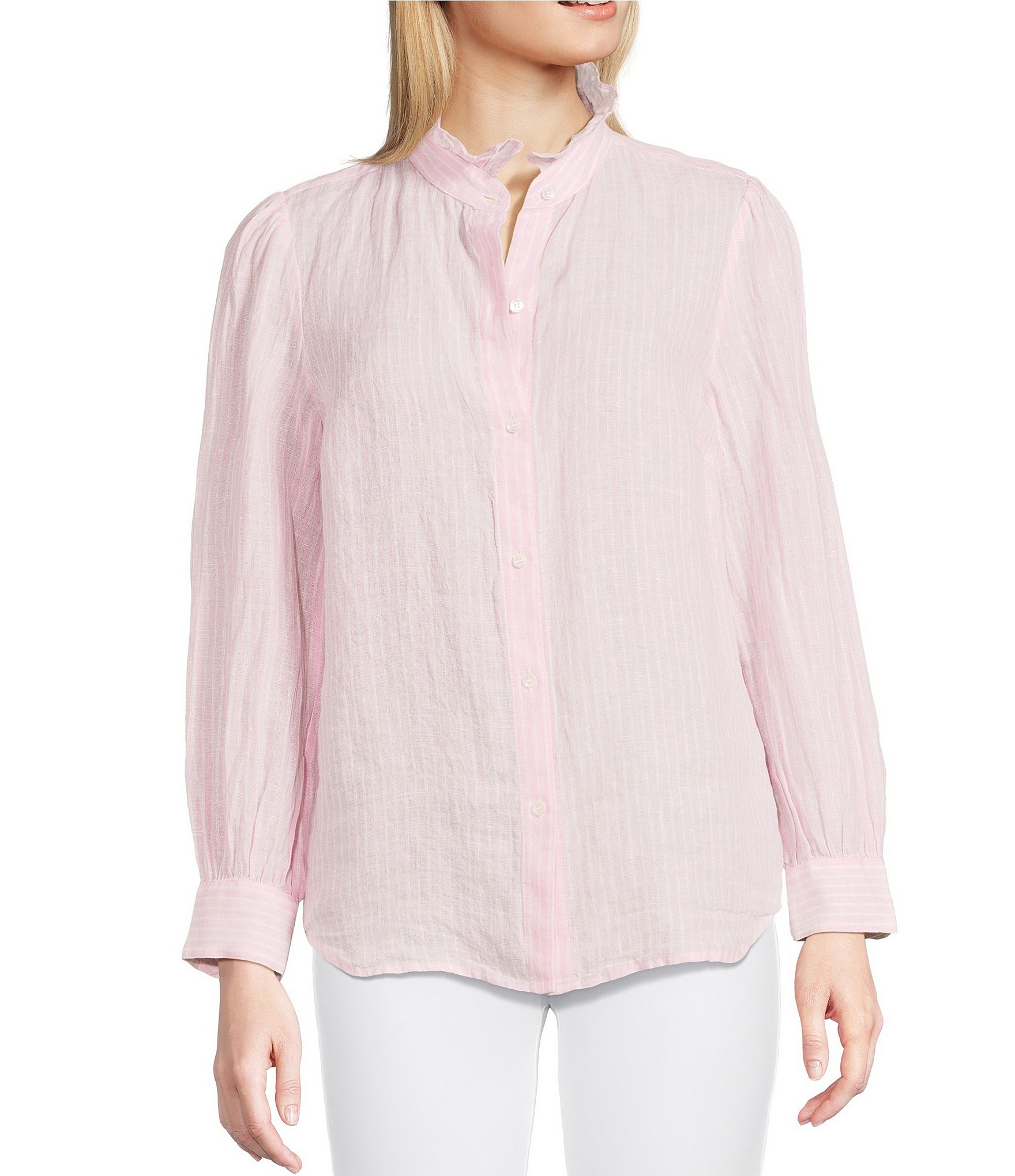 J.McLaughlin Julian Stripe Print Ruffle Collar Long Sleeve Button Front Blouse