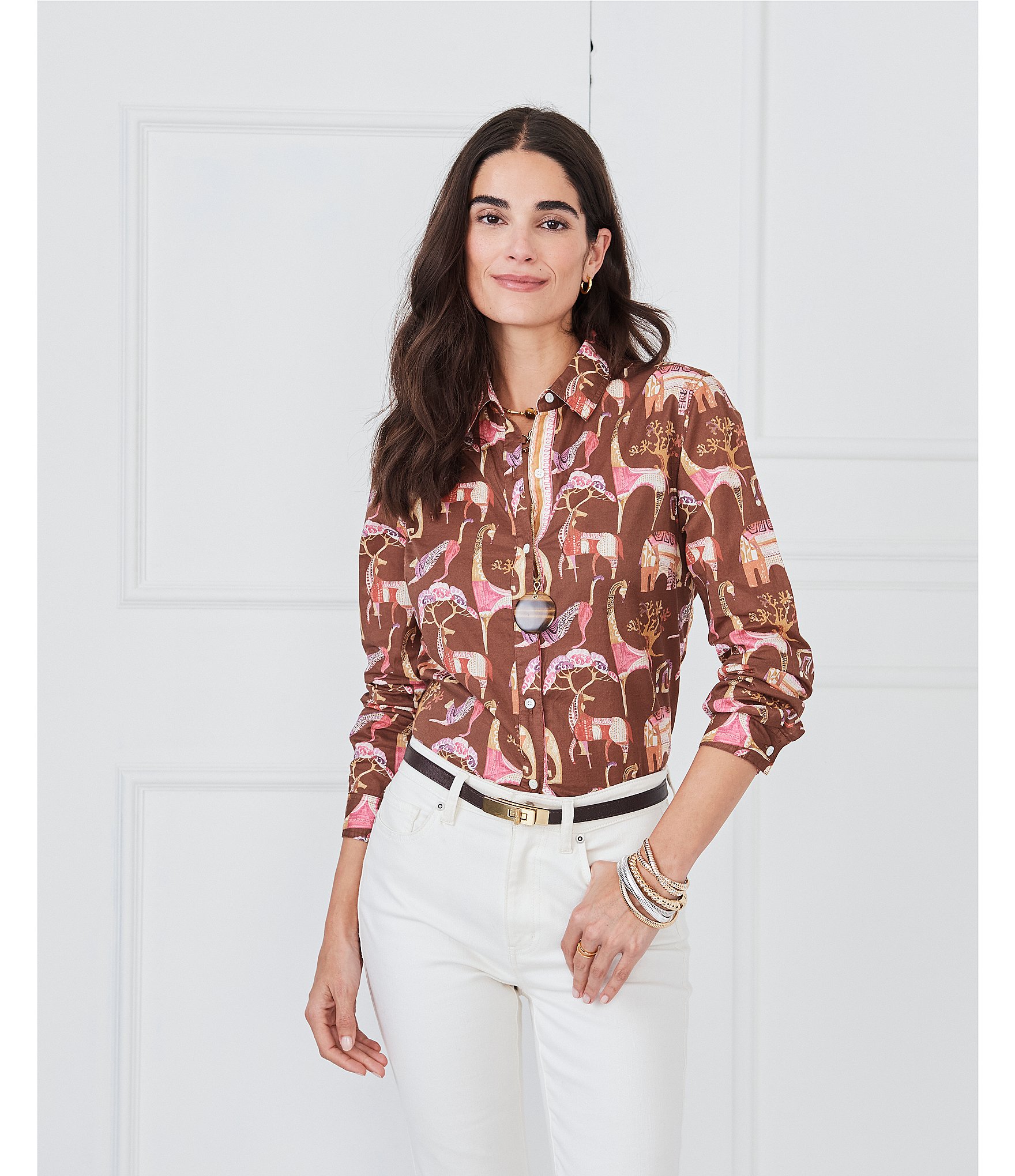 J.McLaughlin Lois Animal Printed Point Collar Long Sleeve Button Front Blouse