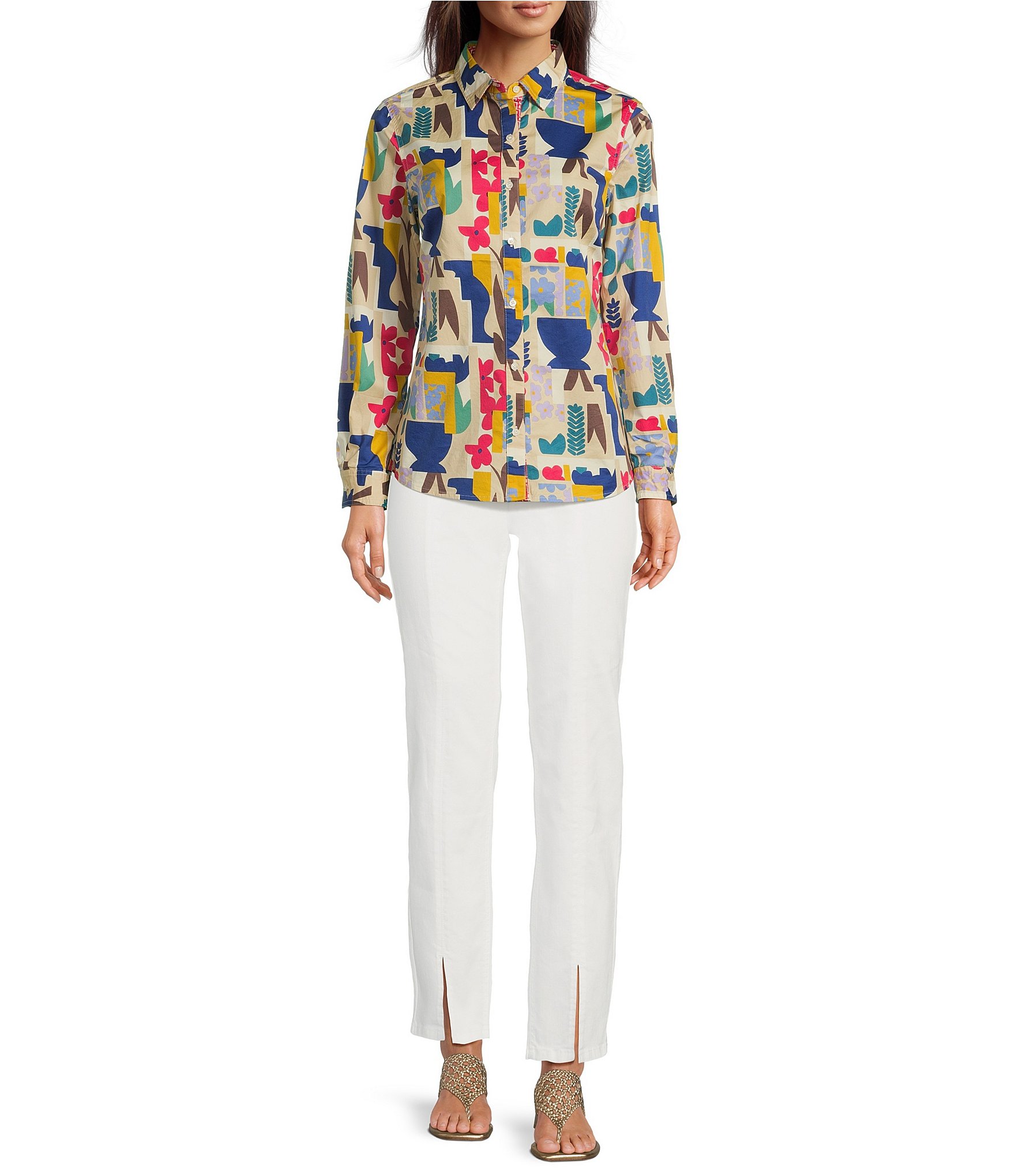 J.McLaughlin Lois Printed Cotton Relaxed Fit Point Collar Long Sleeve Blouse