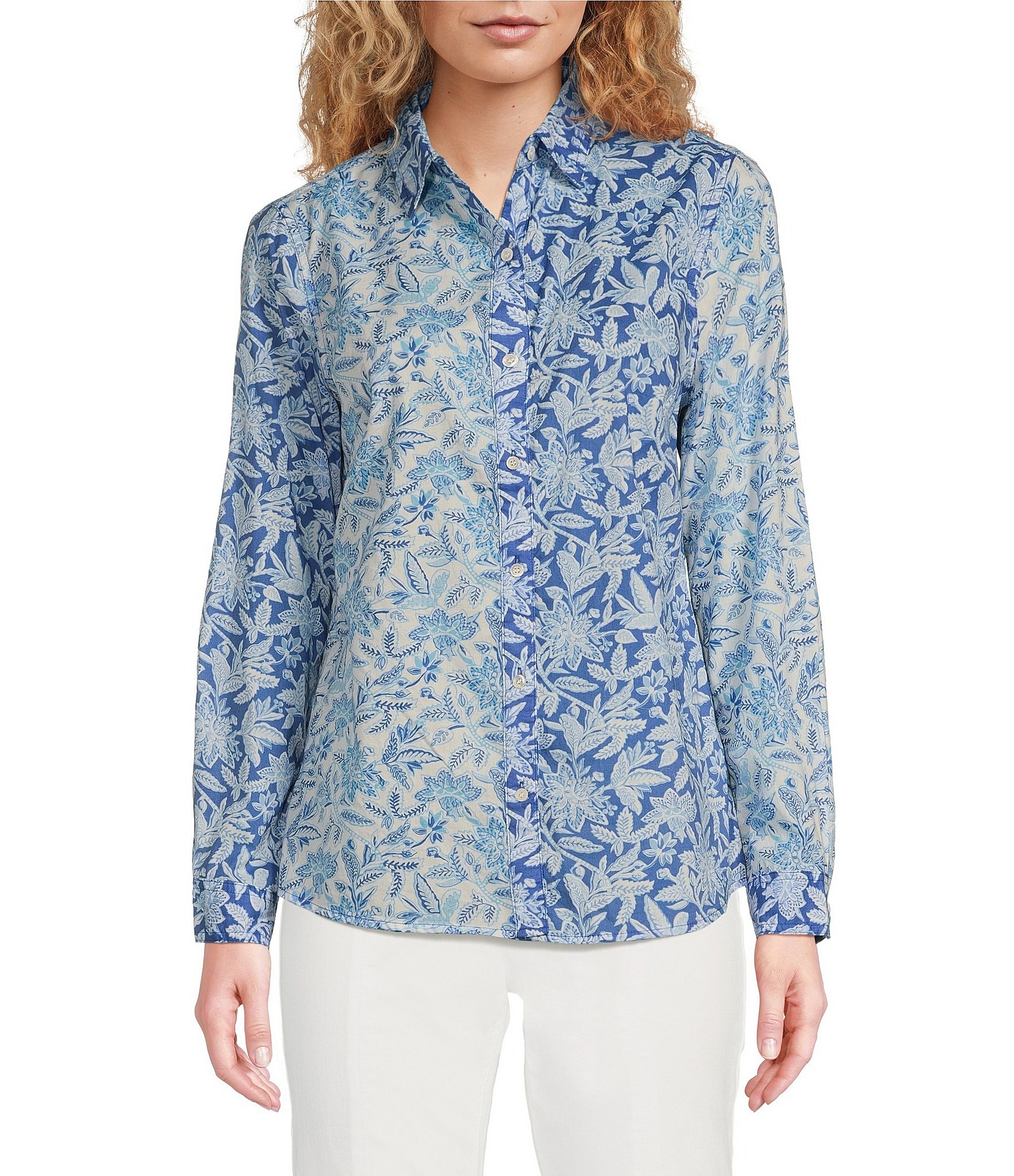 J.McLaughlin Lois Woven Floral Print Point Collar Long Sleeve Button ...