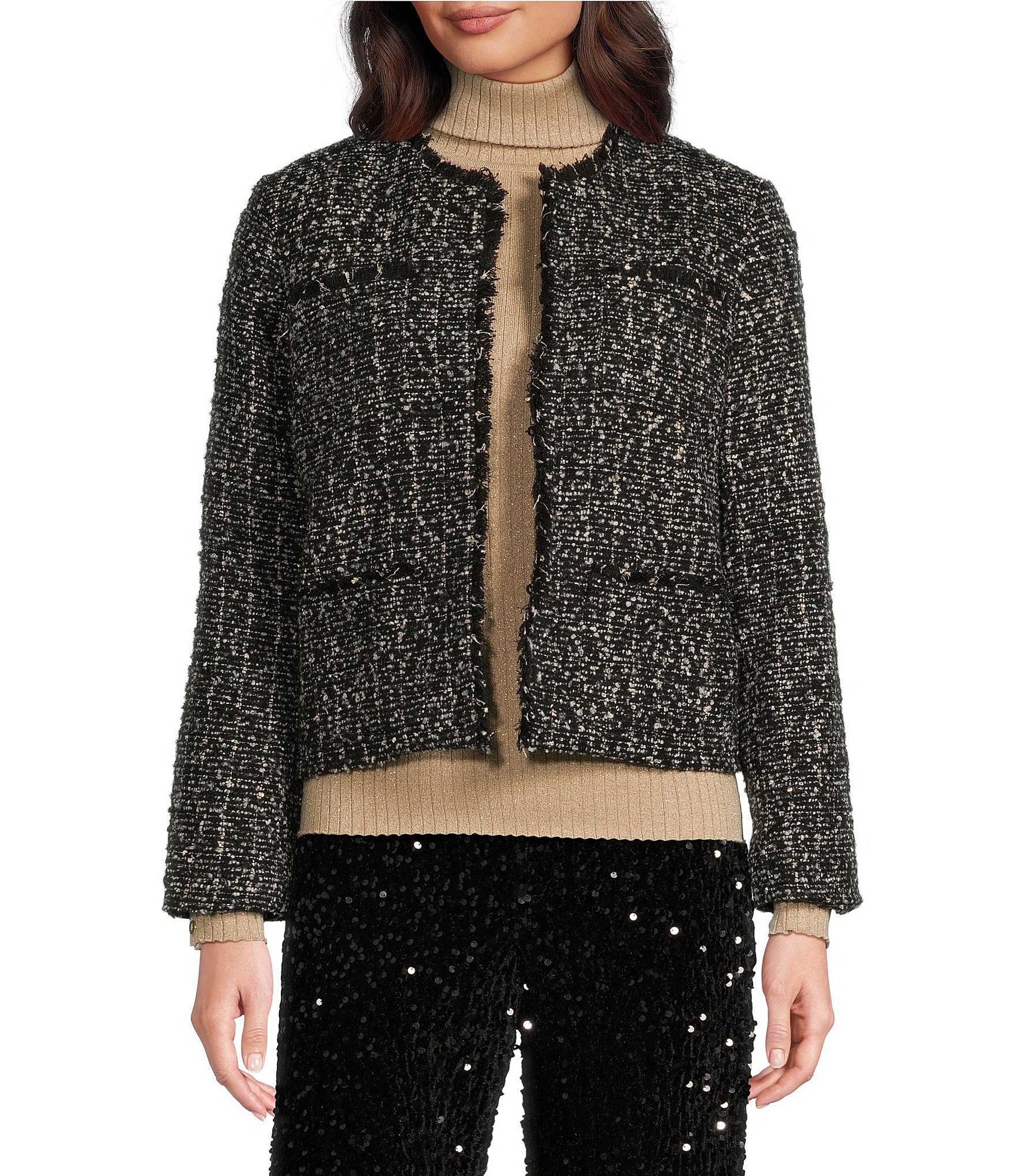 Milly Genuine Lamb Leather Trim Full Zip Structured factory Metallic Tweed Boucle Blouse