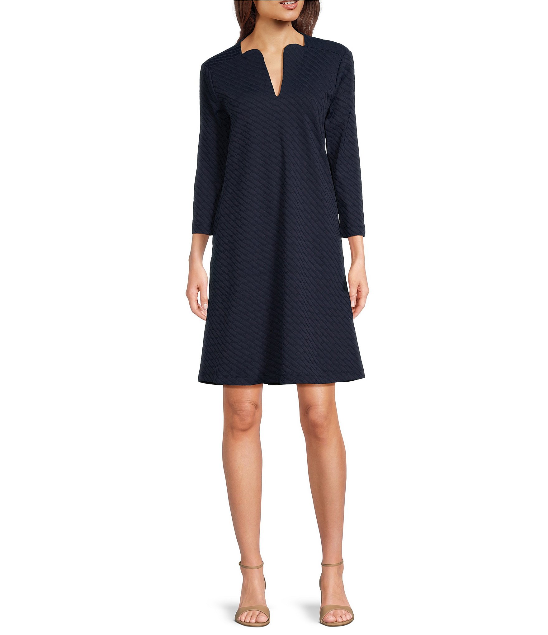 J.McLaughlin Octavia Geo Jaquard Split V-Neck 3/4 Sleeve Shift Dress ...