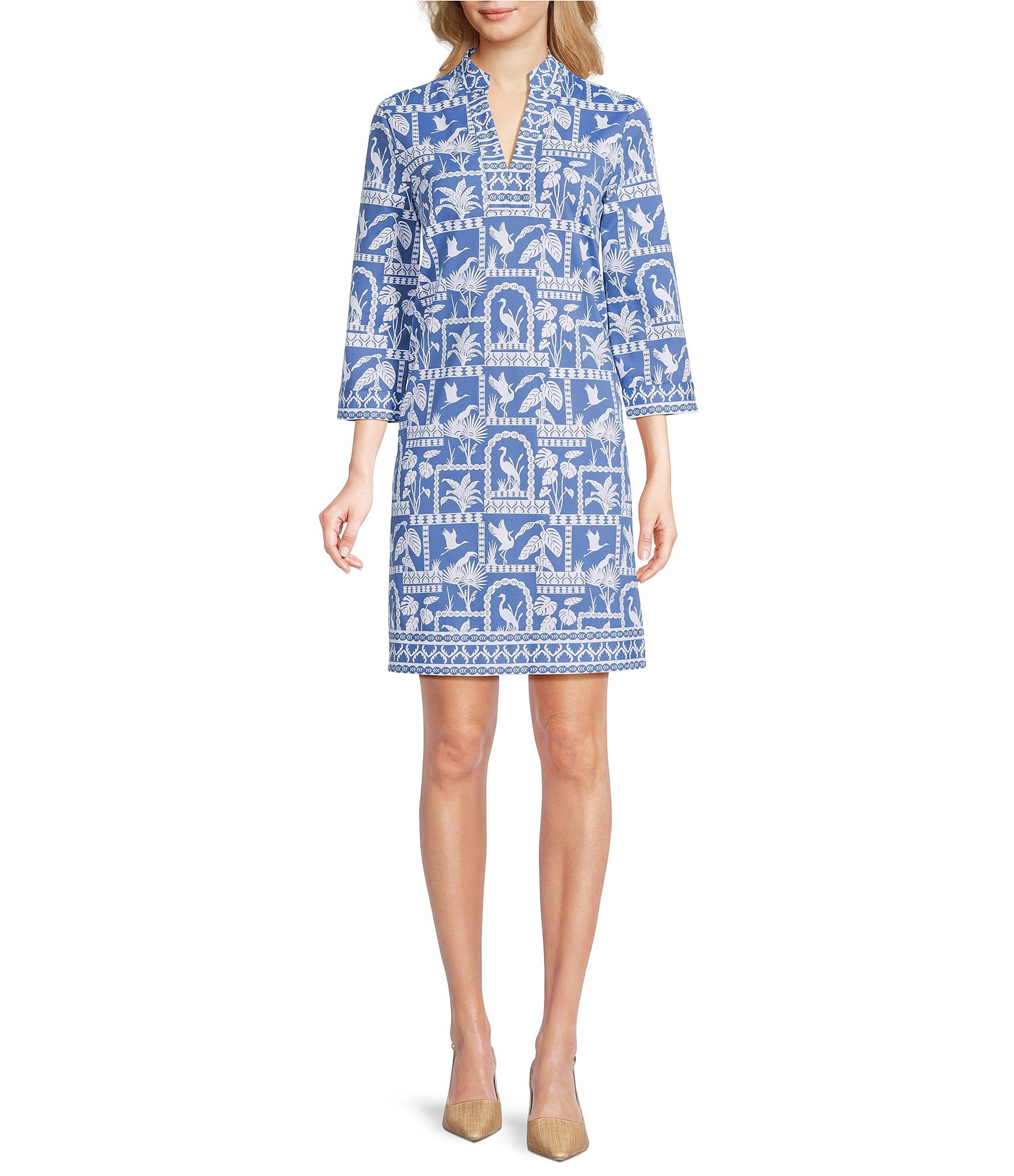 J.McLaughlin Oriana Stand Collar Split V-Neckline 3/4 Sleeve Shift Dress