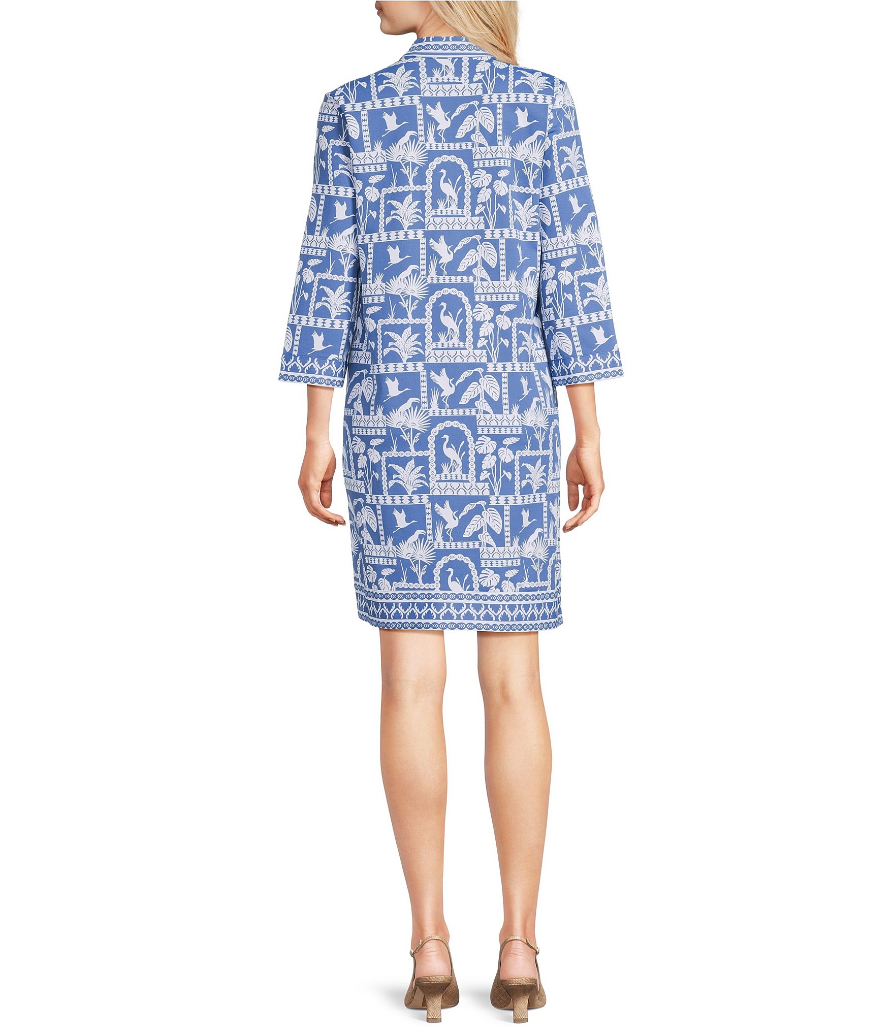 J.McLaughlin Oriana Stand Collar Split V-Neckline 3/4 Sleeve Shift Dress