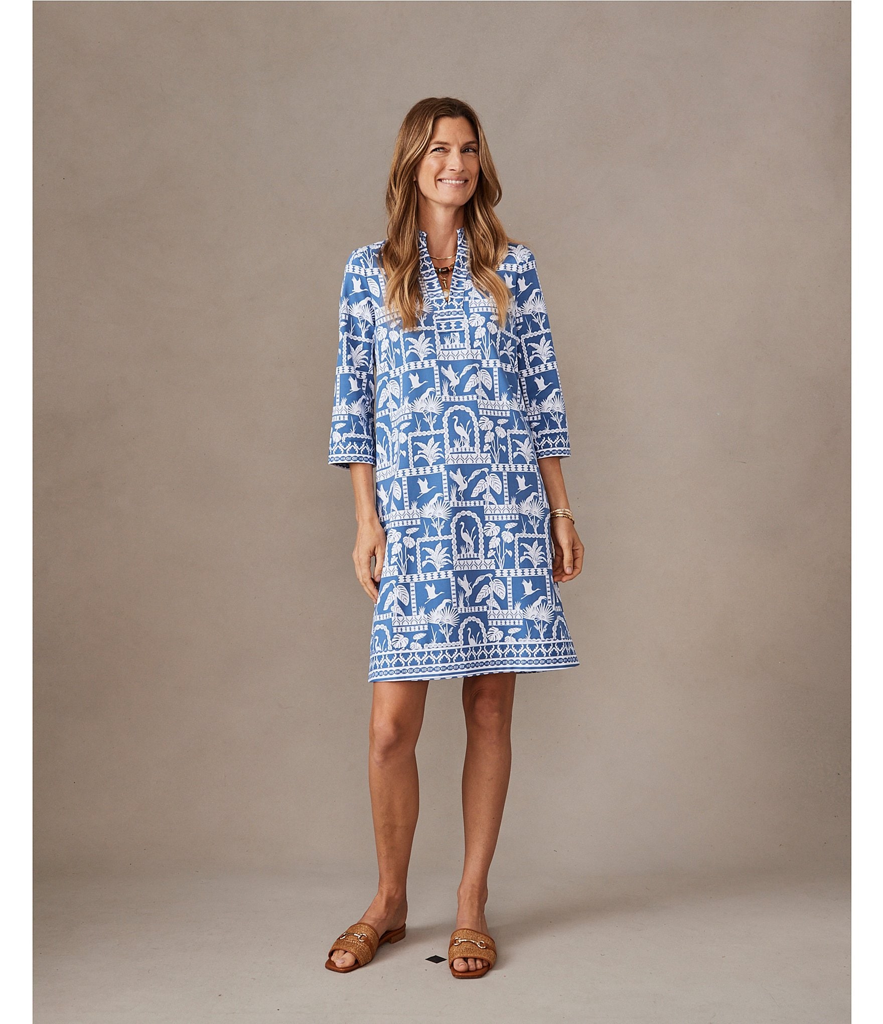 J.McLaughlin Oriana Stand Collar Split V-Neckline 3/4 Sleeve Shift Dress