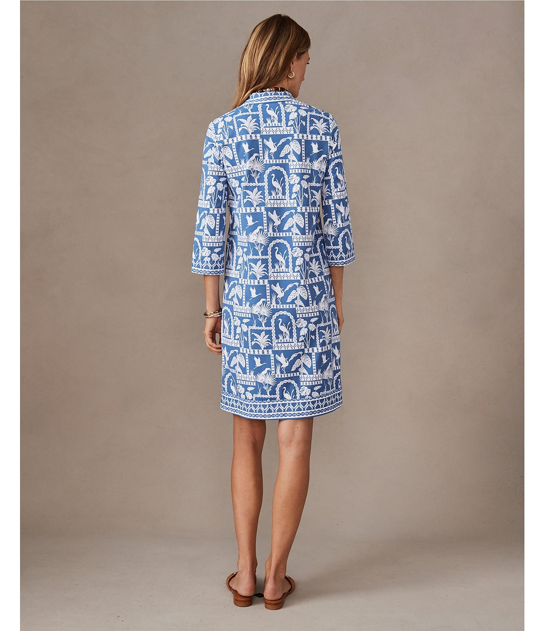 J.McLaughlin Oriana Stand Collar Split V-Neckline 3/4 Sleeve Shift Dress