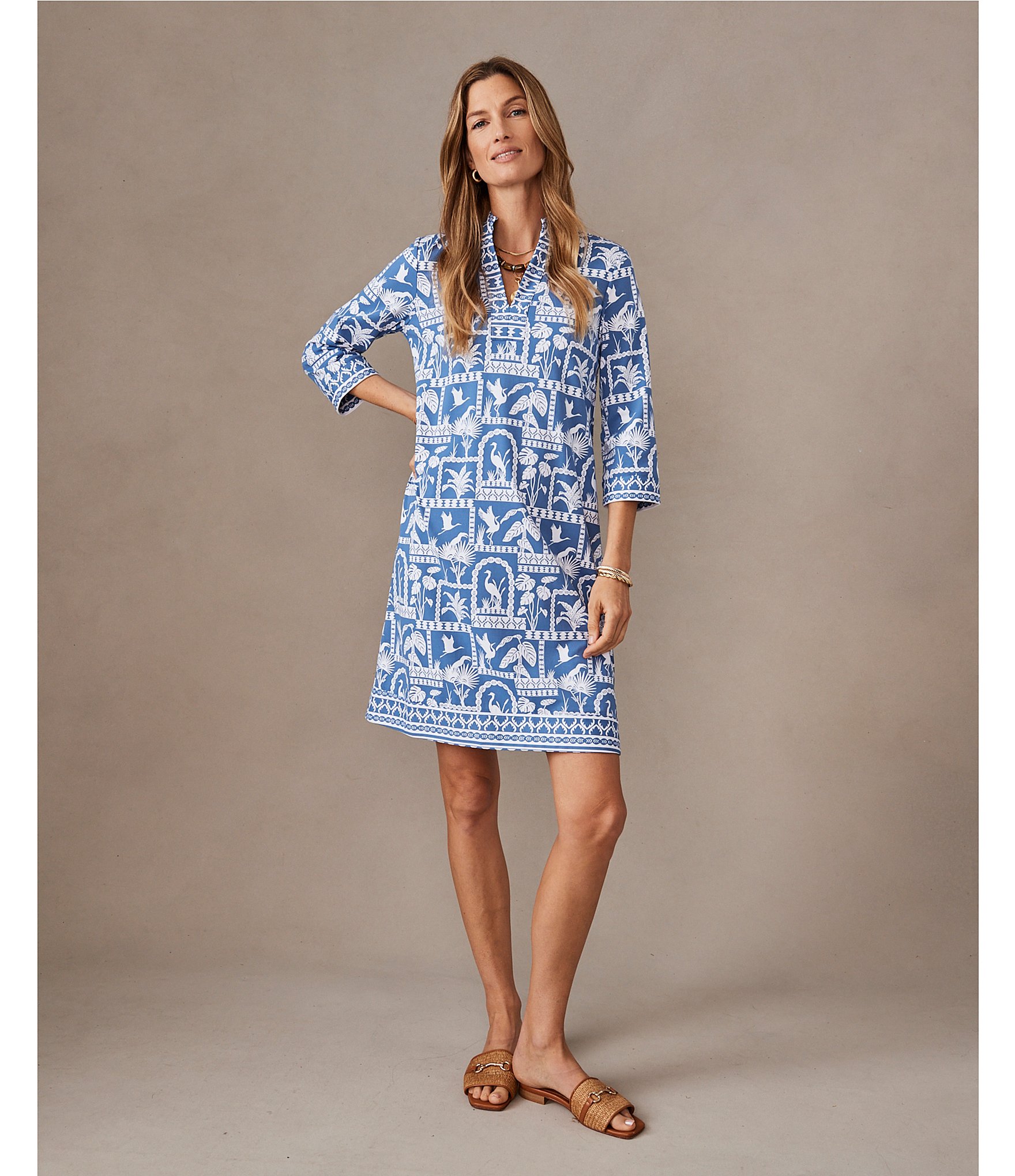 J.McLaughlin Oriana Stand Collar Split V-Neckline 3/4 Sleeve Shift Dress