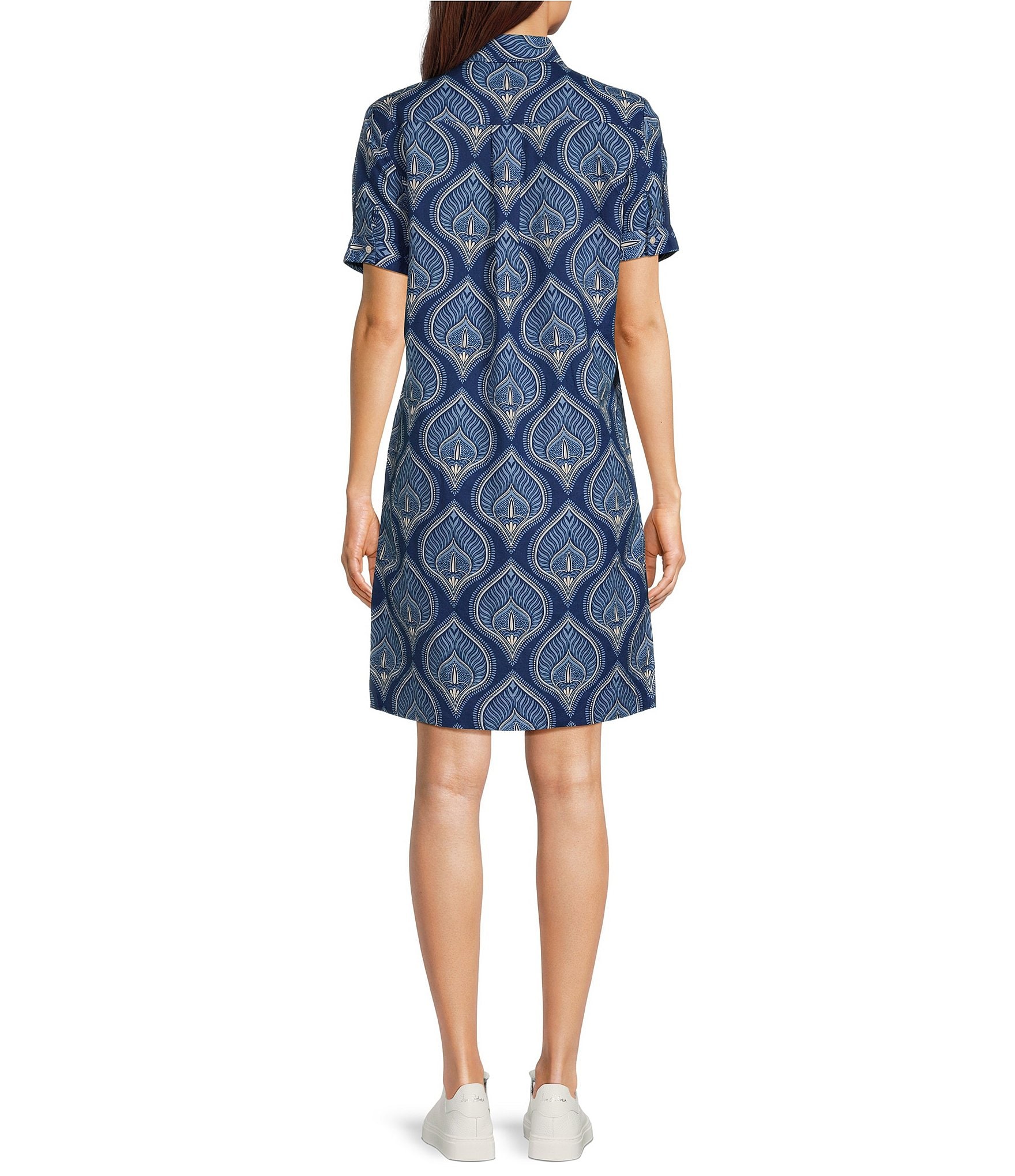 J.McLaughlin Printed Linen Cotton Blend Point Collar Short Sleeve Dress