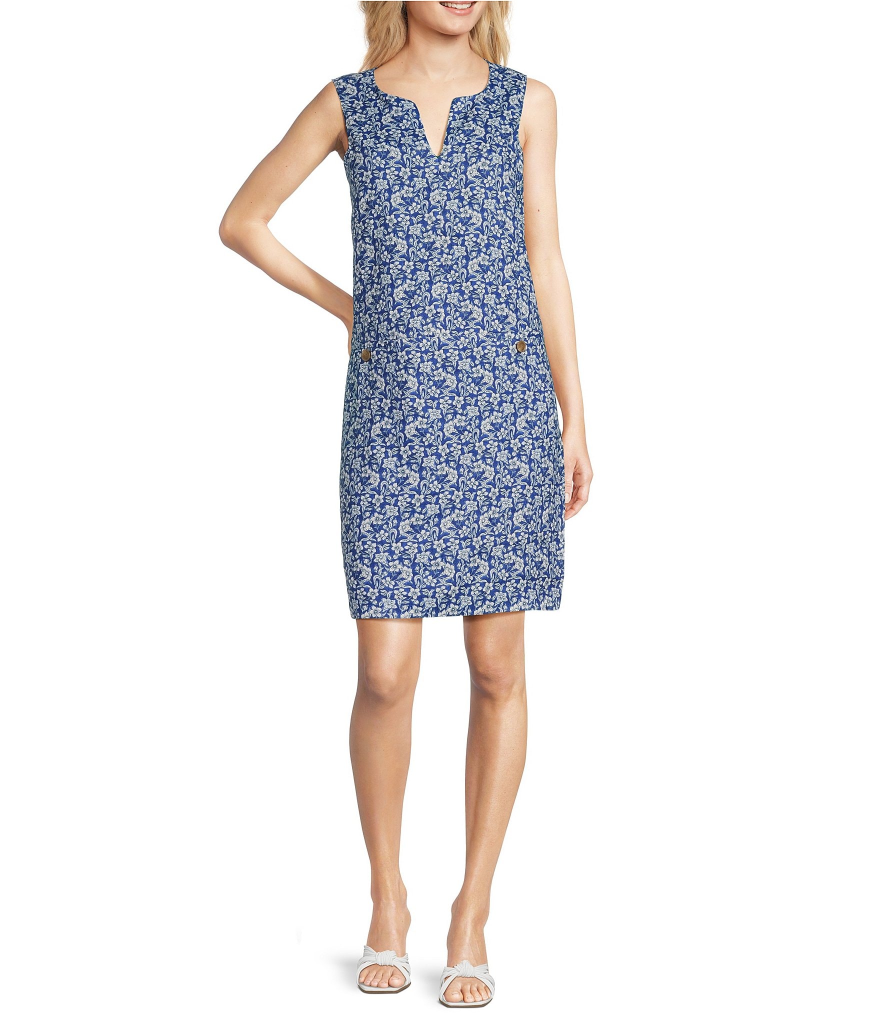 J.McLaughlin Rue Linen Floral Print Split V-Neck Sleeveless Shift Dress ...