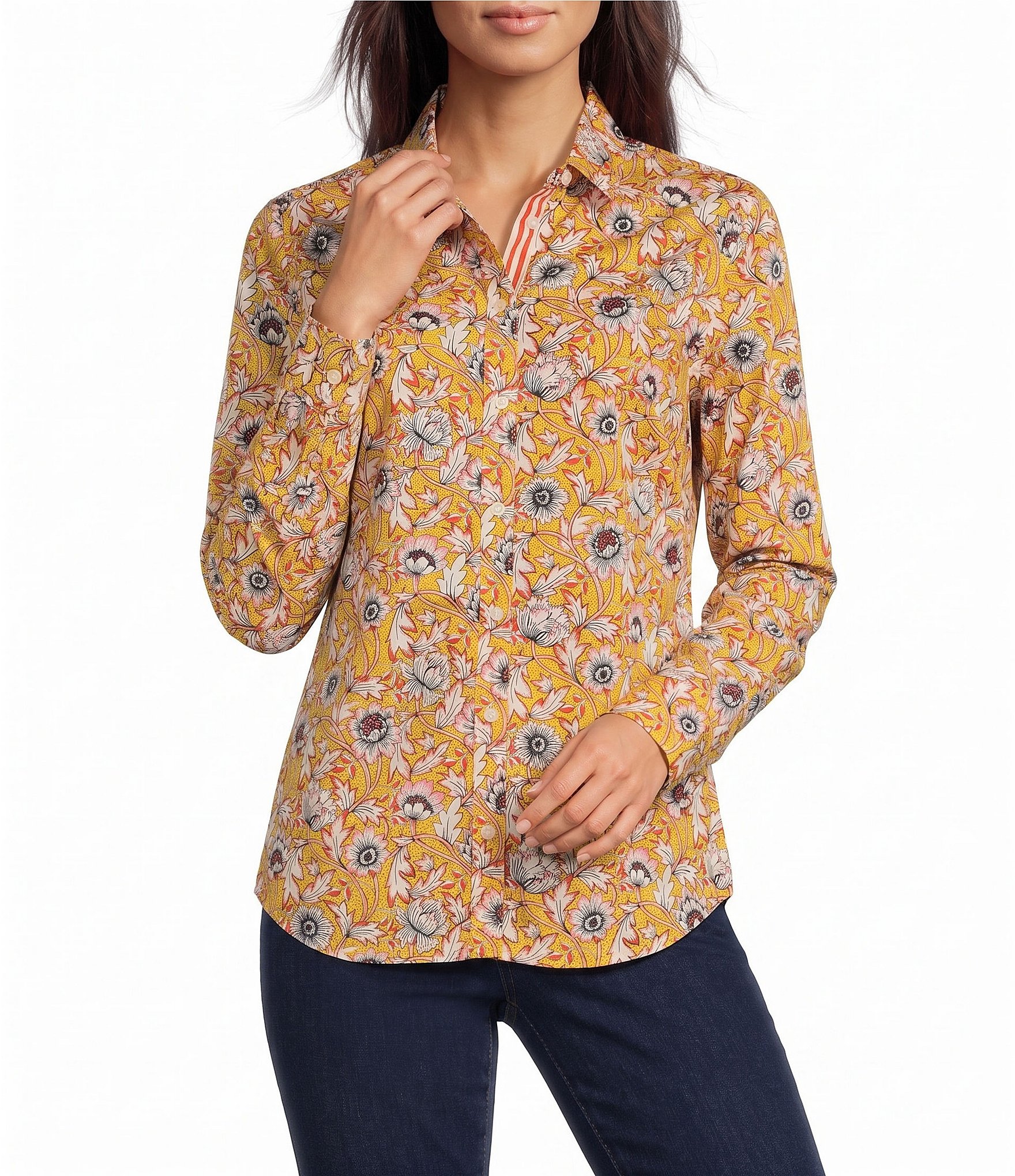 J.McLaughlin Woven Mix Print Textured Point Collar Long Sleeve Button-Front Blouse