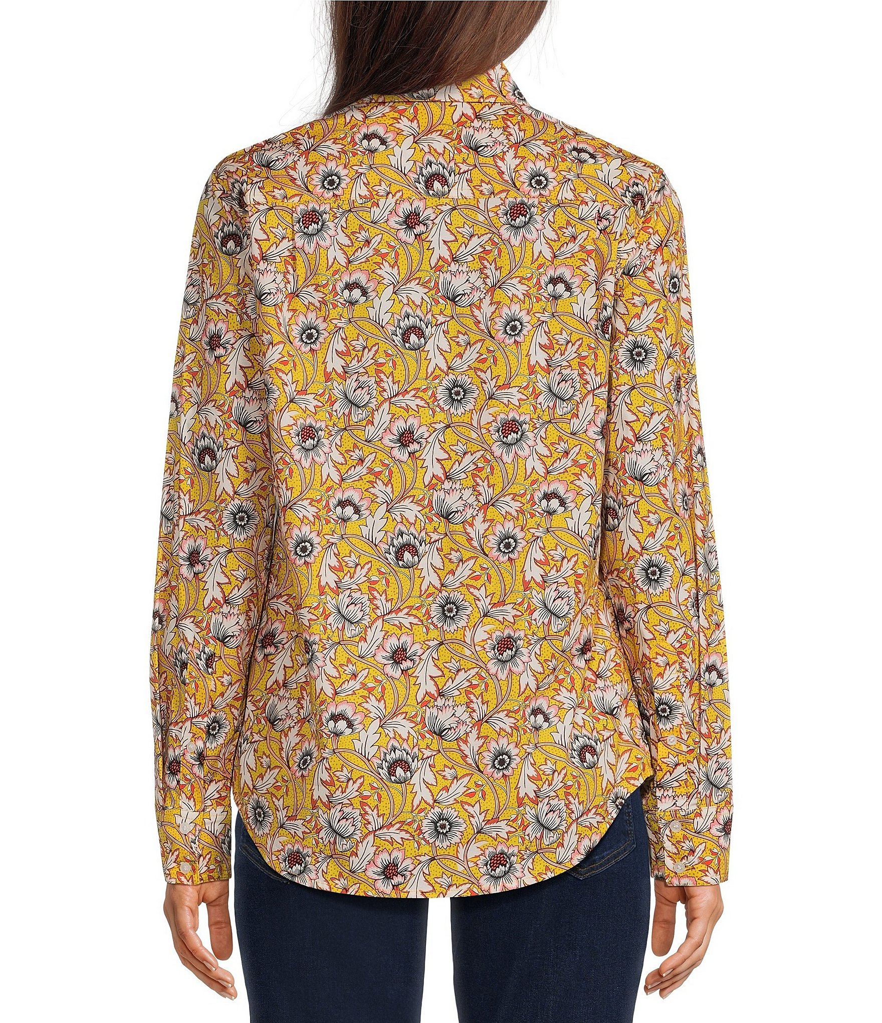 J.McLaughlin Woven Mix Print Textured Point Collar Long Sleeve Button-Front Blouse