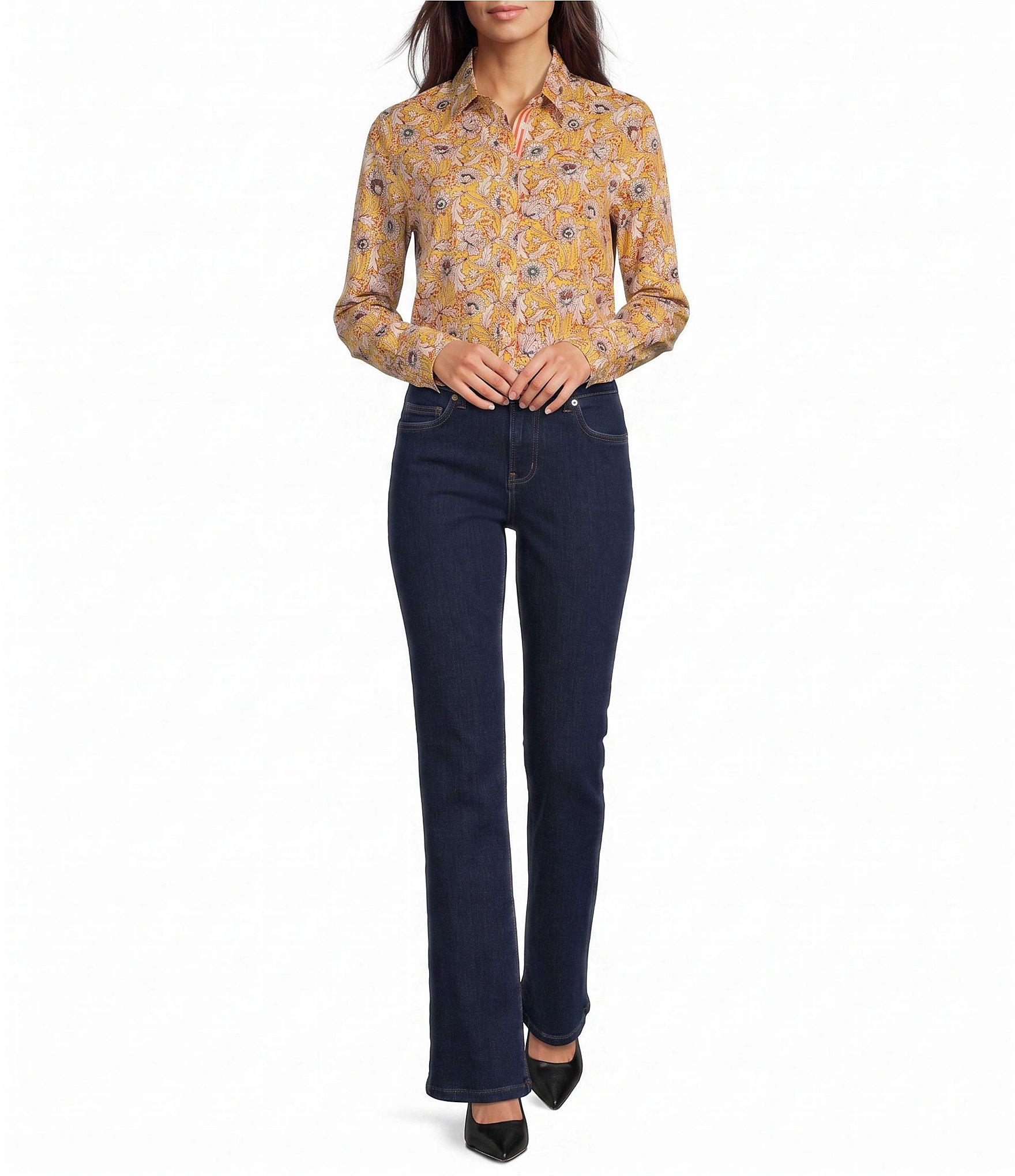 J.McLaughlin Woven Mix Print Textured Point Collar Long Sleeve Button-Front Blouse