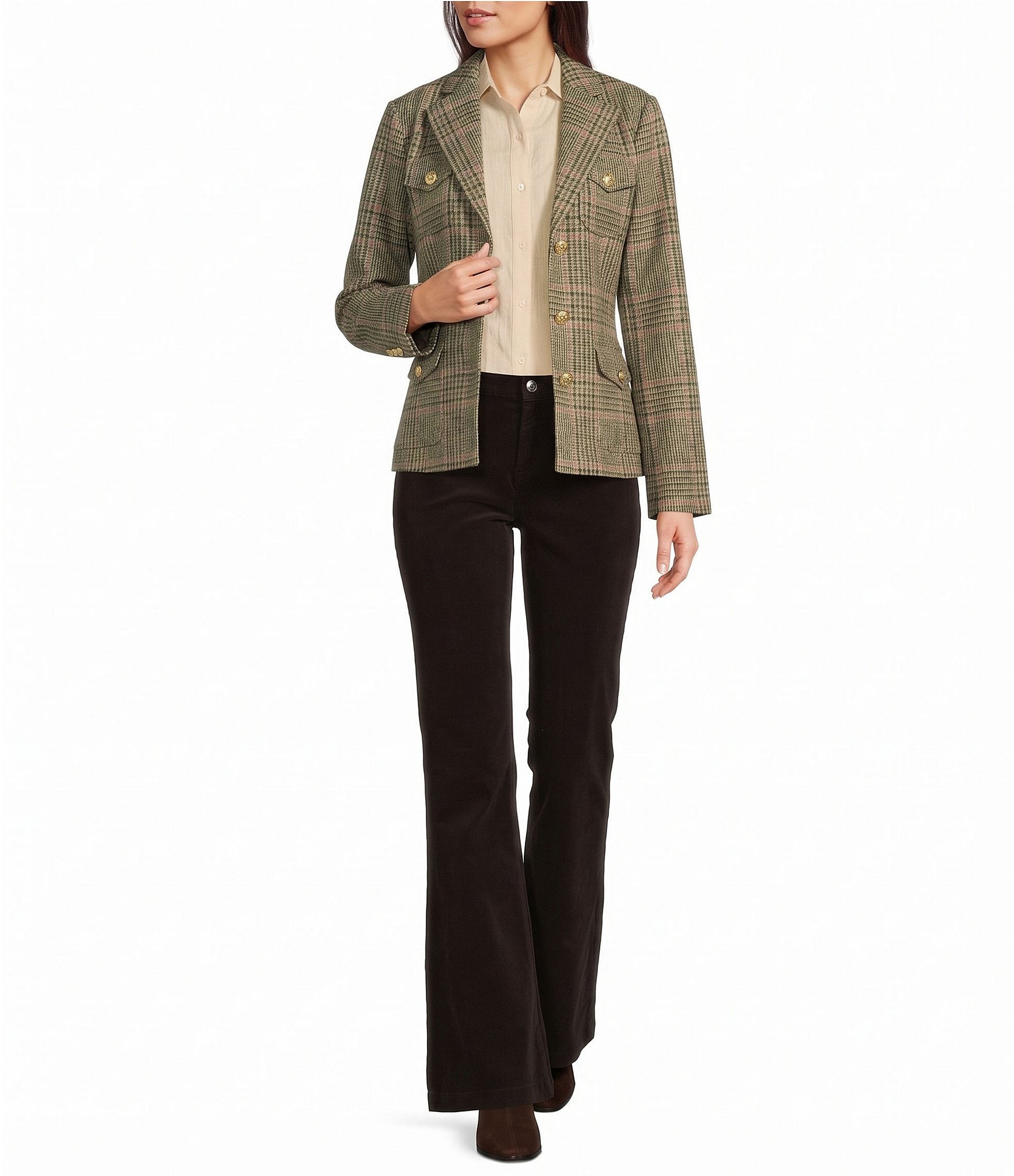 J.McLaughlin Woven Plaid Stand Collar Long Sleeve Button-Front Jacket