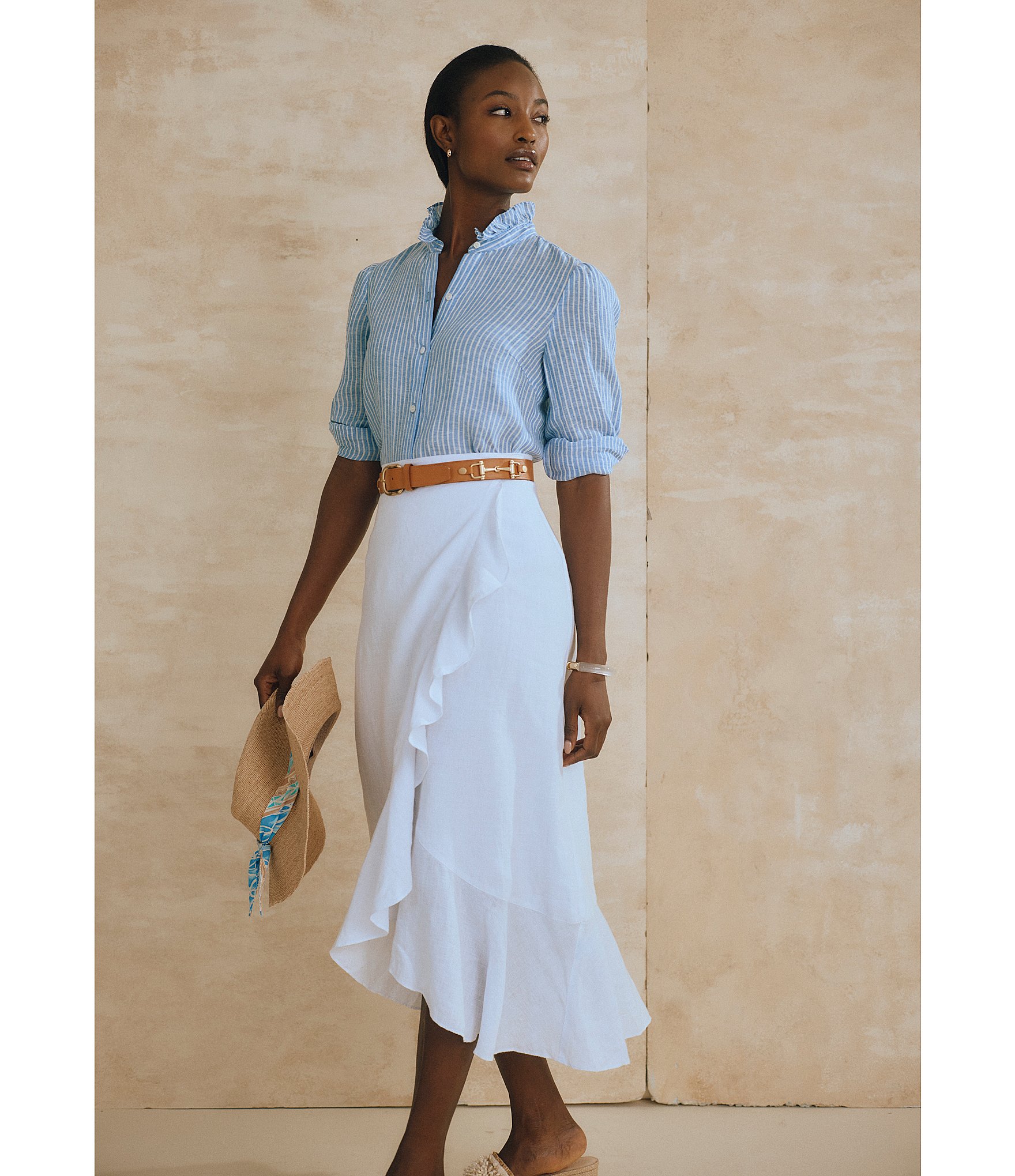 J.McLaughlin Zia Refined Linen Ruffle Wrap Midi Skirt