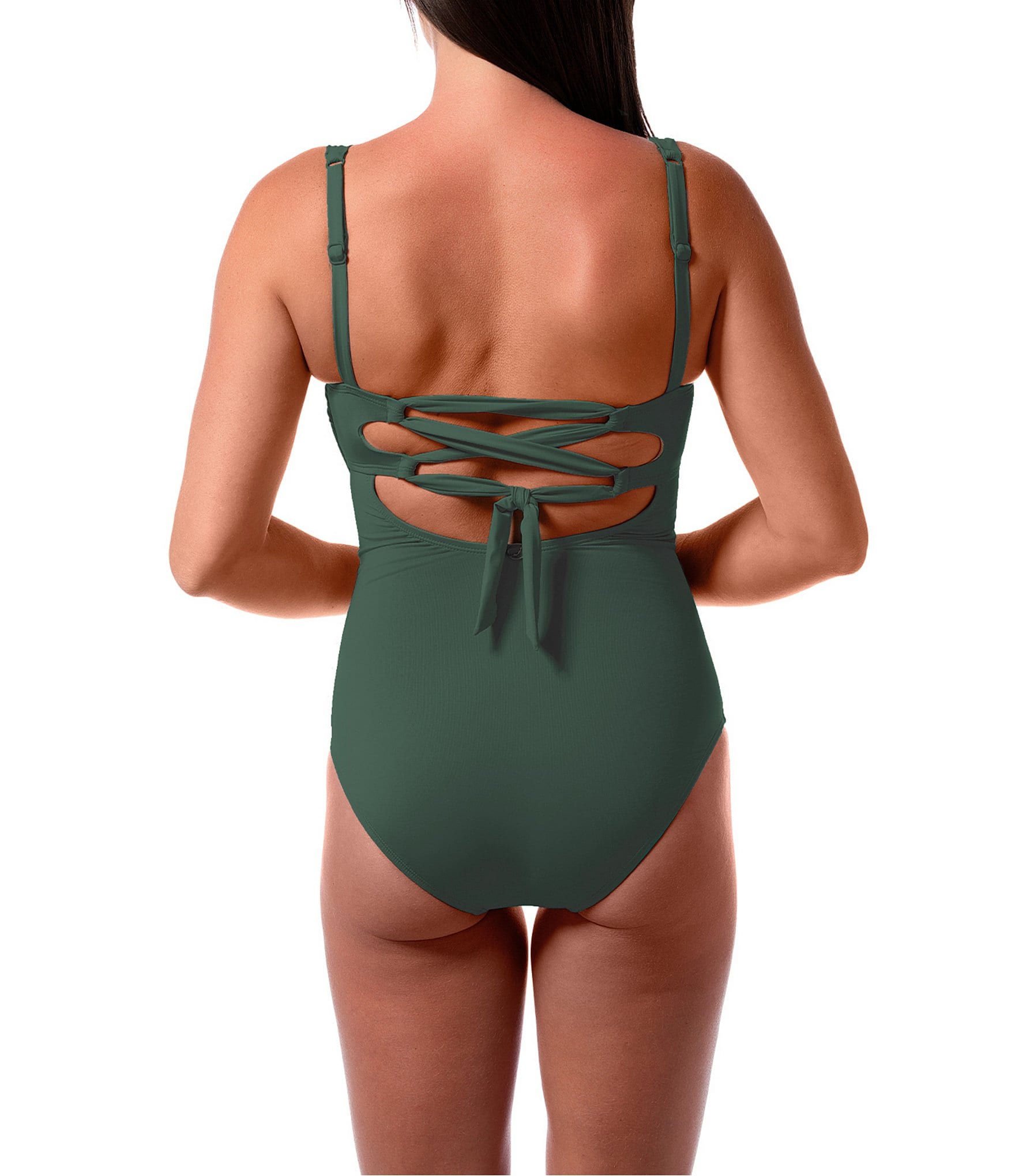 Jantzen Hilda Solid Lace-Up Shirred Tummy Control One Piece Swimsuit