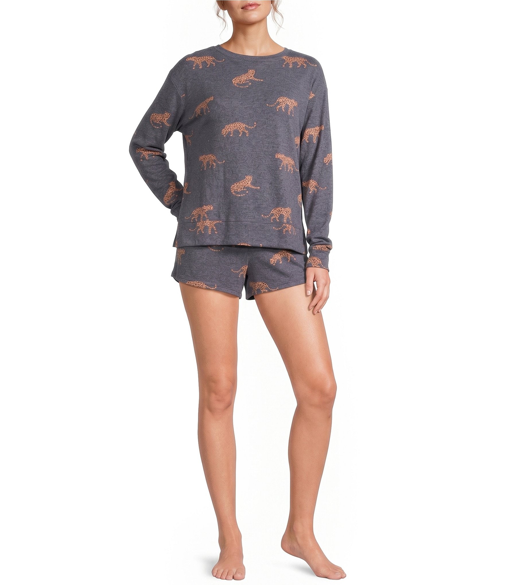 Jasmine & Ginger Cheetah Print Long Sleeve Crew Neck Coordinating Knit Sleep Top