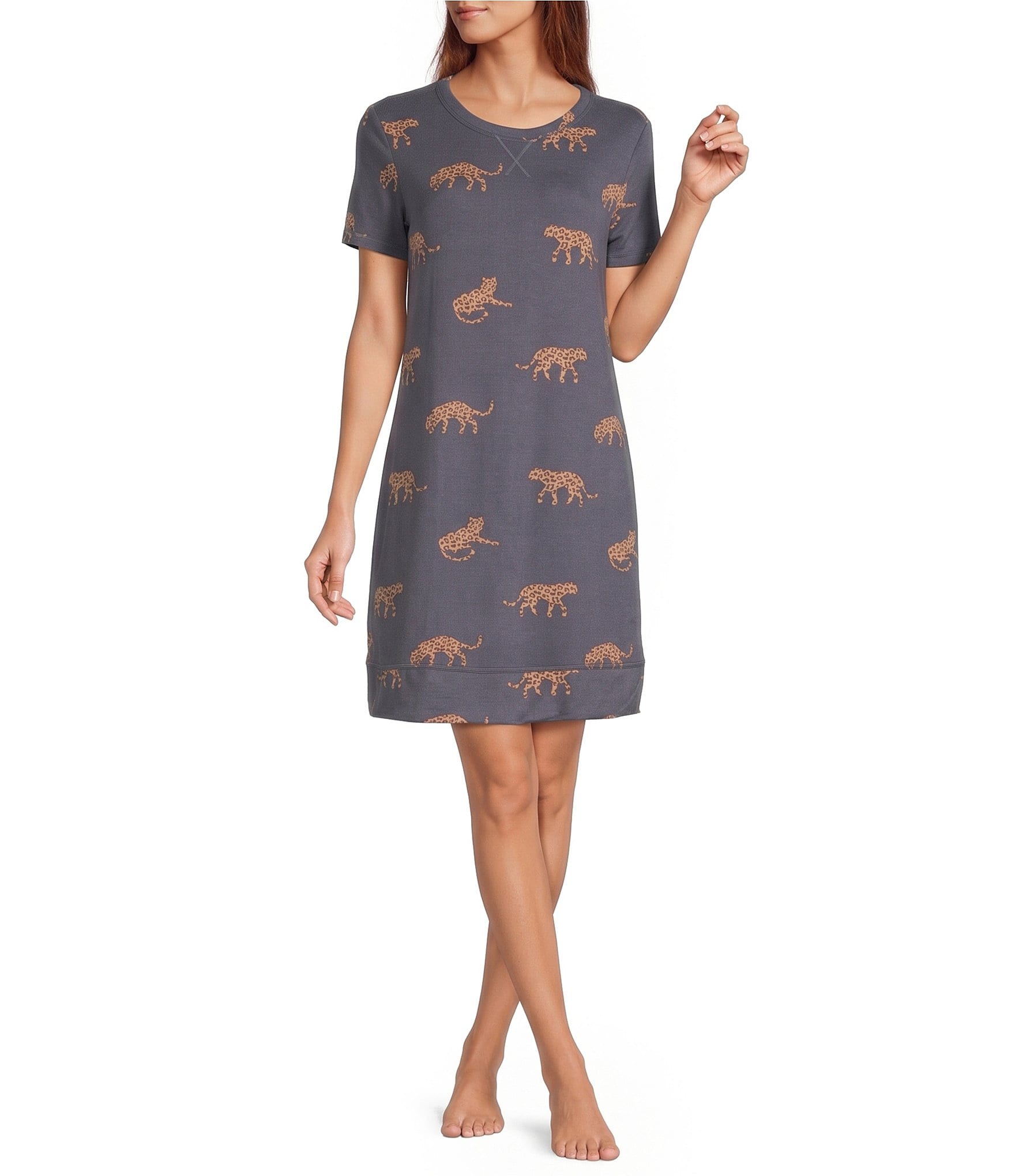Jasmine & Ginger Cheetah Print Short Sleeve Crew Neck Knit Sleepshirt