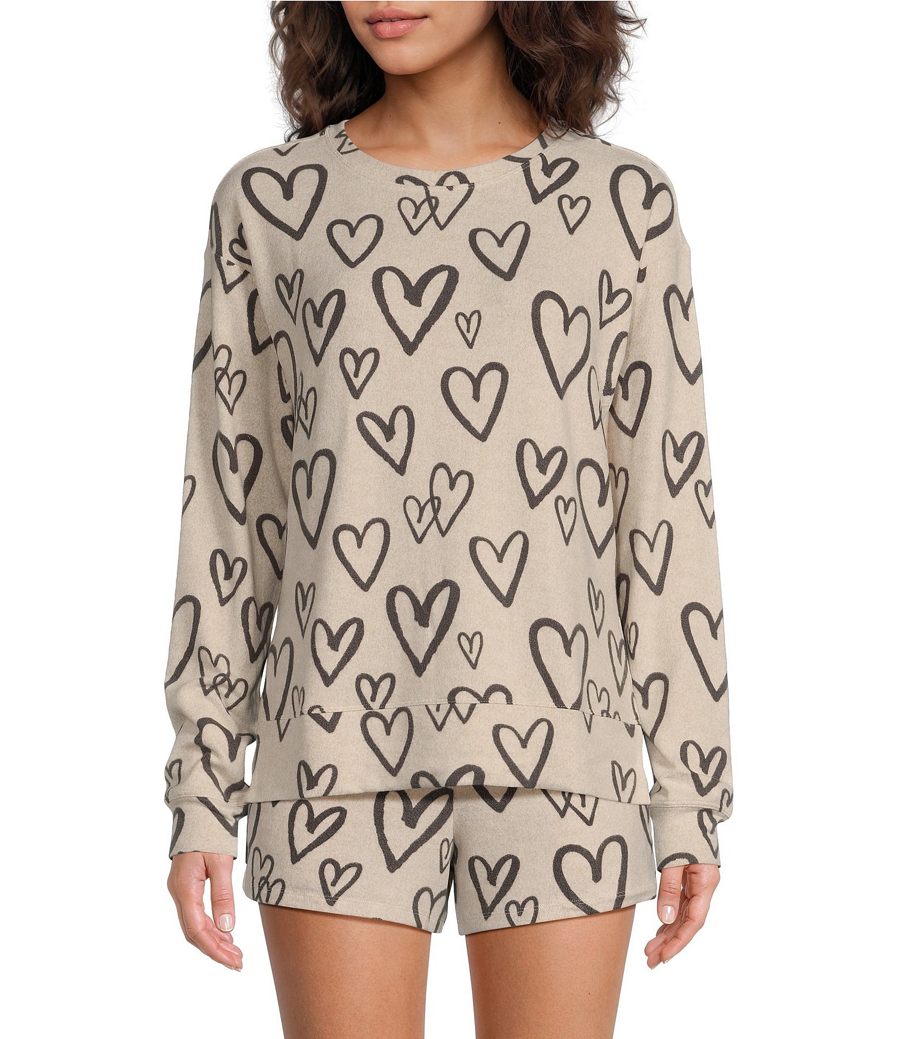 Jasmine & Ginger Doodle Heart Print Long Sleeve Crew Neck Coordinating Knit Sleep Top