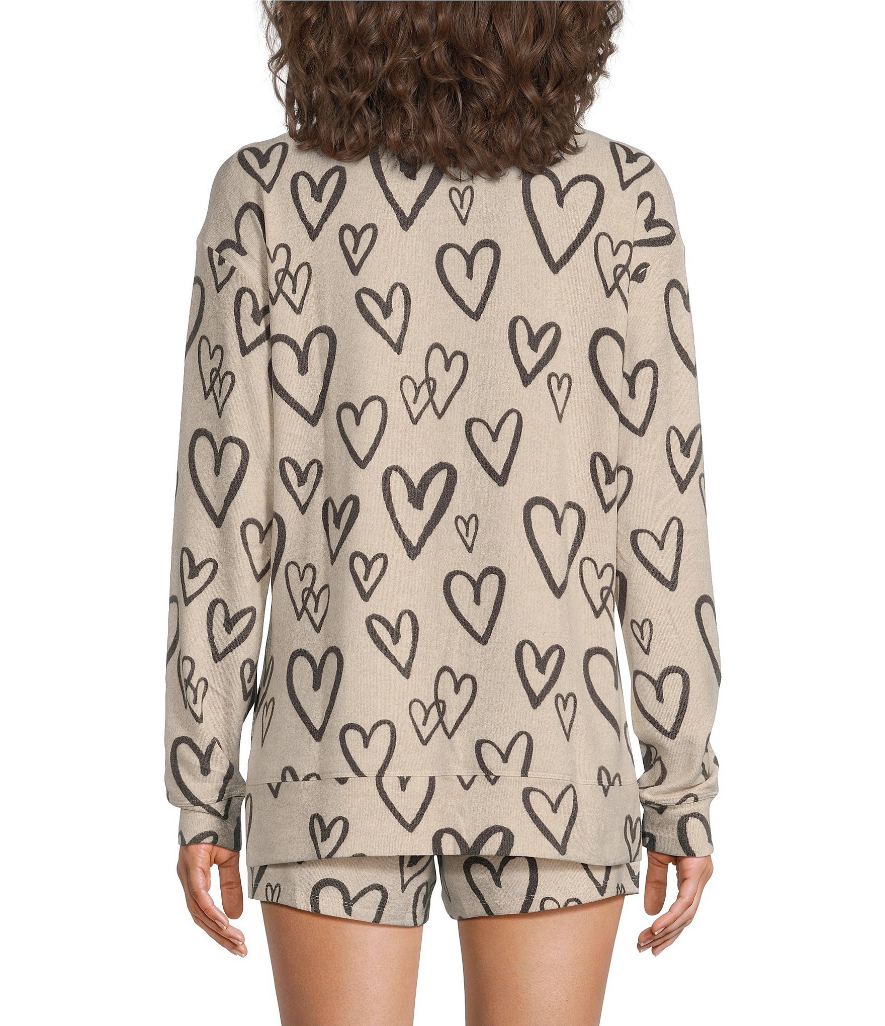 Jasmine & Ginger Doodle Heart Print Long Sleeve Crew Neck Coordinating Knit Sleep Top