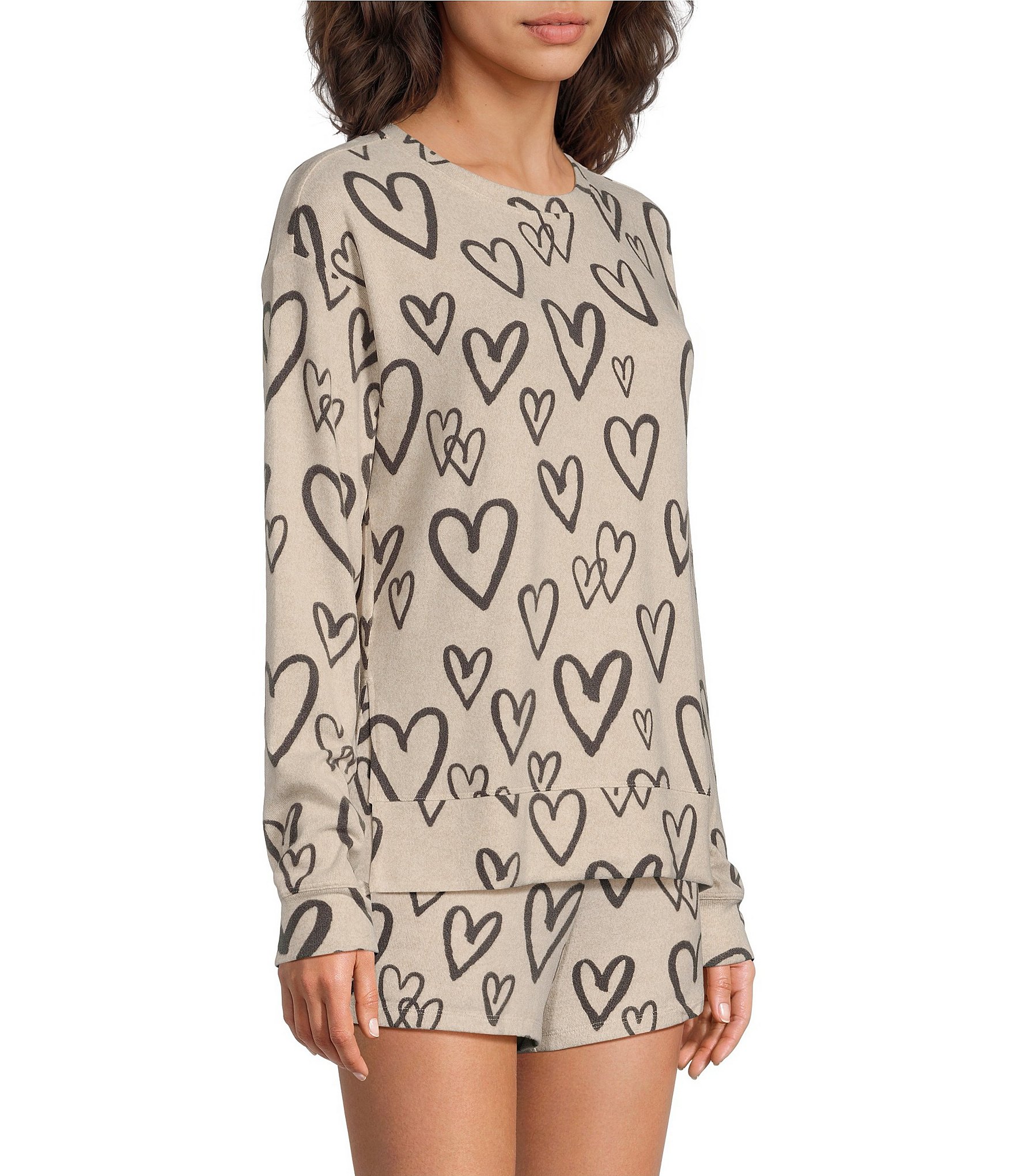 Jasmine & Ginger Doodle Heart Print Long Sleeve Crew Neck Coordinating Knit Sleep Top